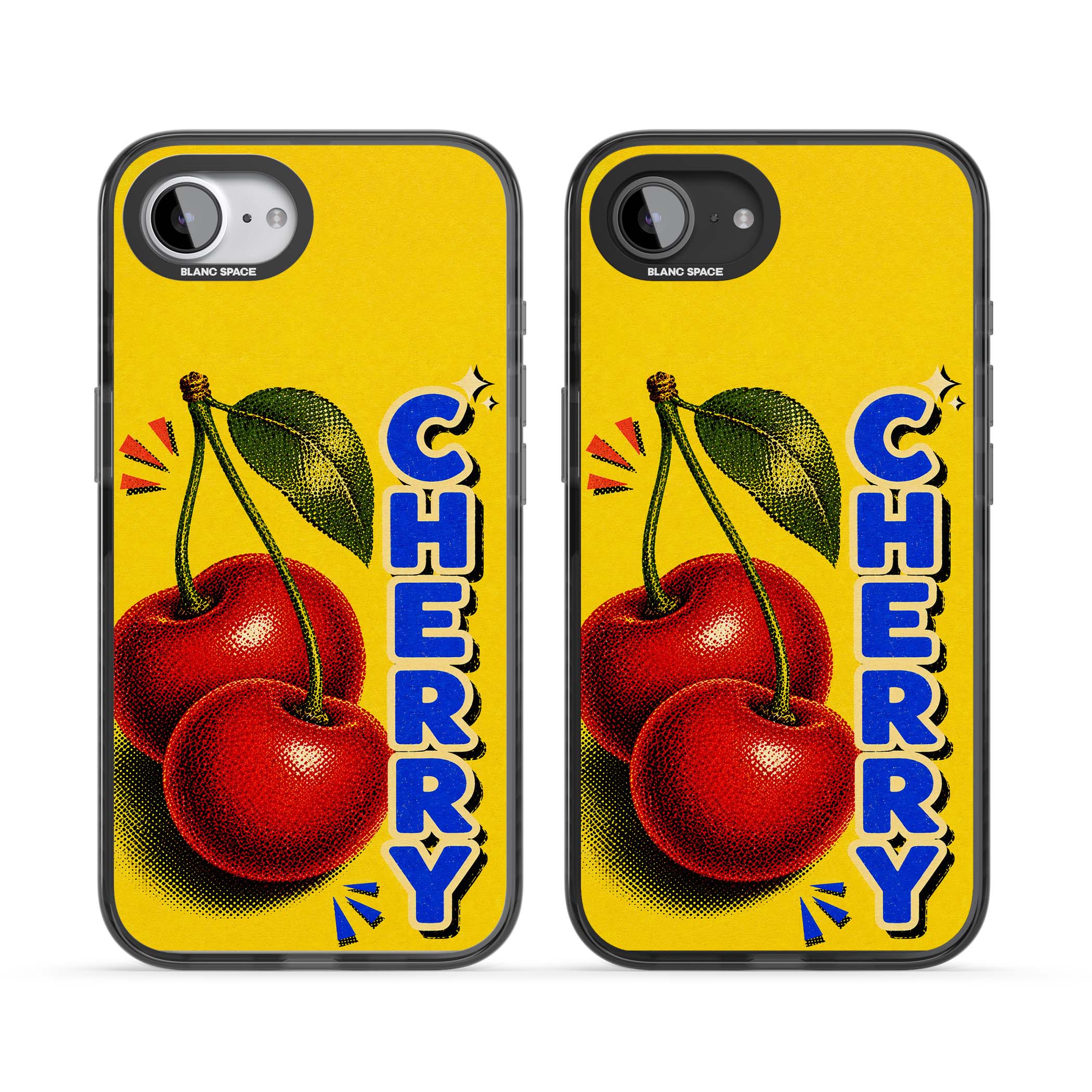 Cherry Yellow y2k iPhone case featuring two red cherries, halftone shading and bold blue CHERRY lettering on yellow | Black Impact case for iPhone 16e, iPhone 17e