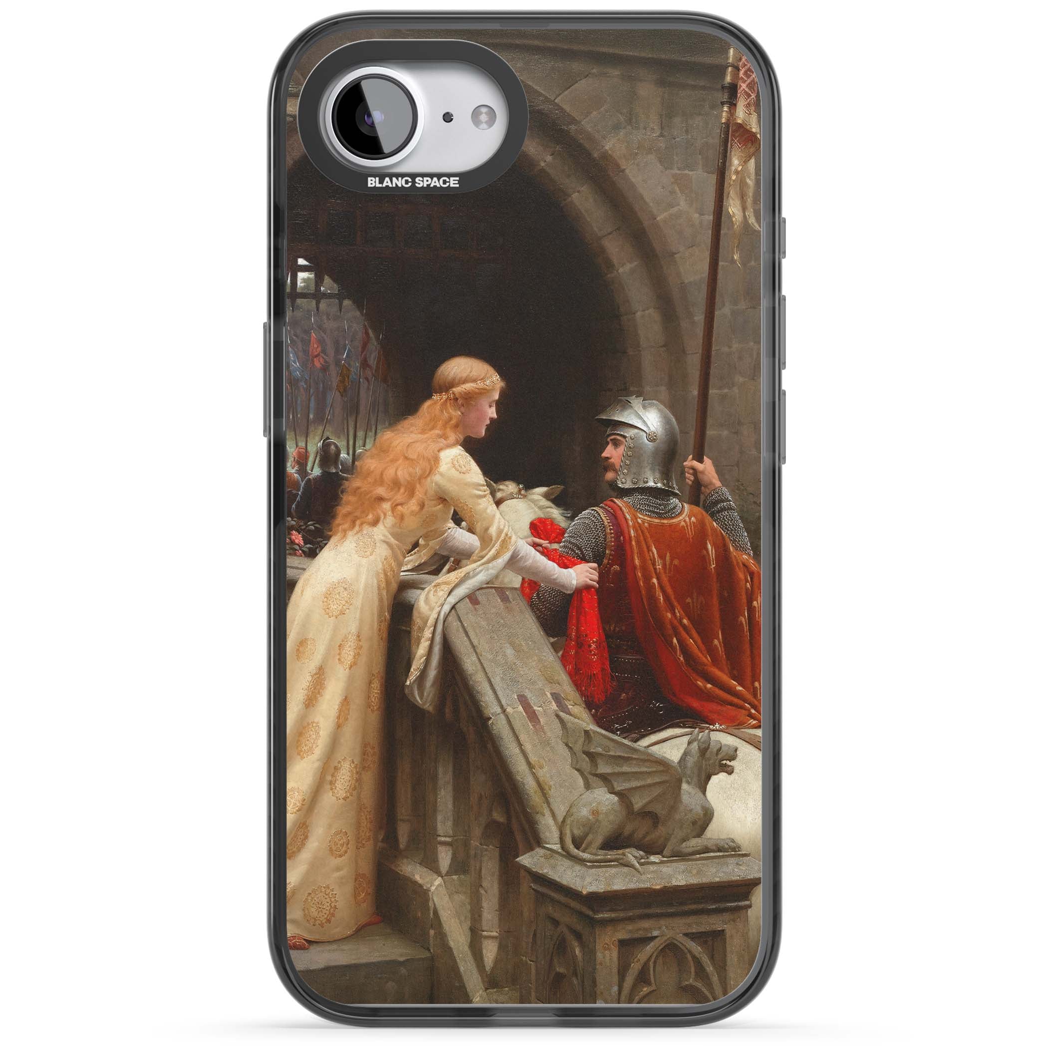 God Speed fine art iPhone case featuring Edmund Blair Leighton's medieval knight and lady beneath a stone archway | Black Impact case for iPhone 16e, iPhone 17e