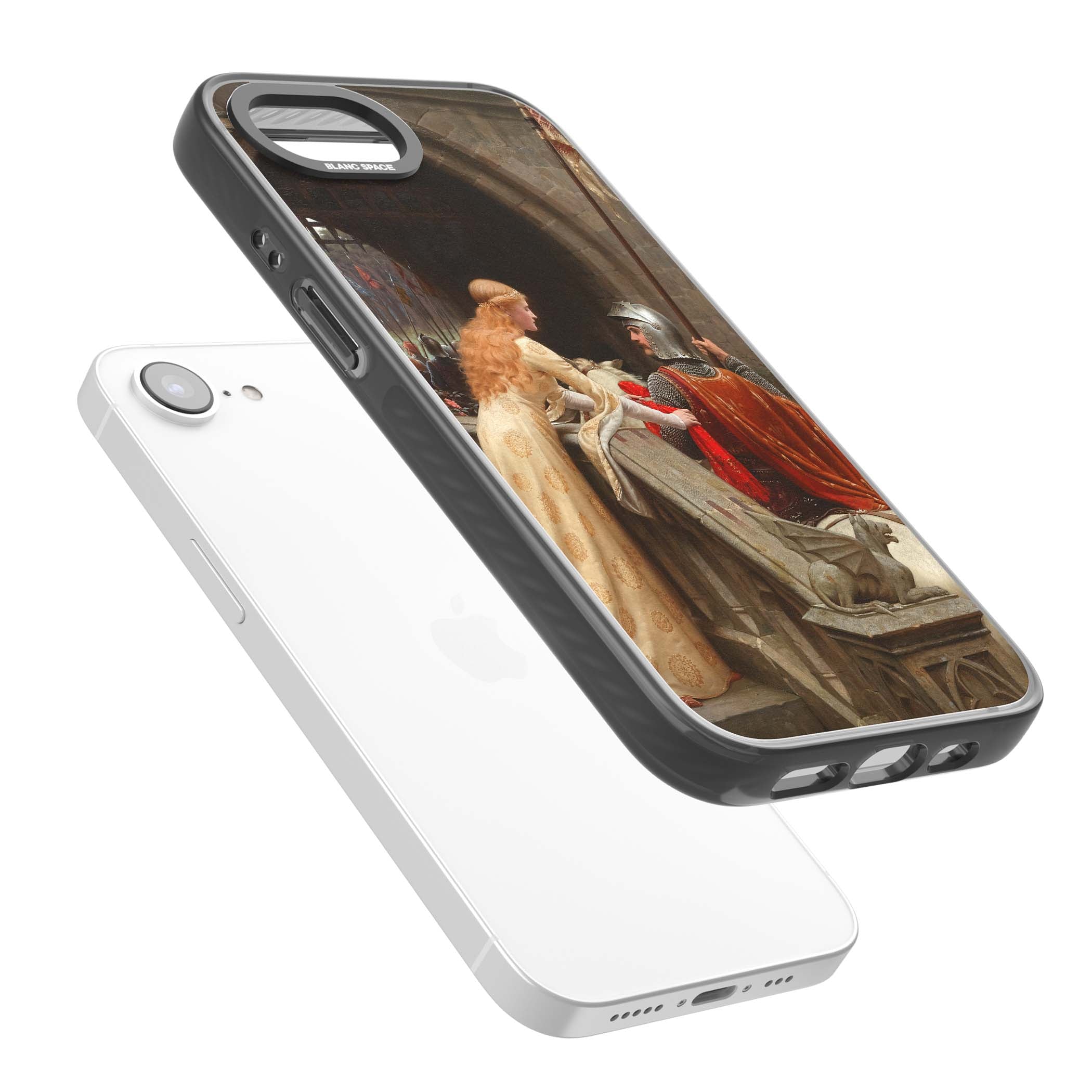 God Speed fine art iPhone case featuring Edmund Blair Leighton's medieval knight and lady beneath a stone archway | Black Impact case for iPhone 16e, iPhone 17e