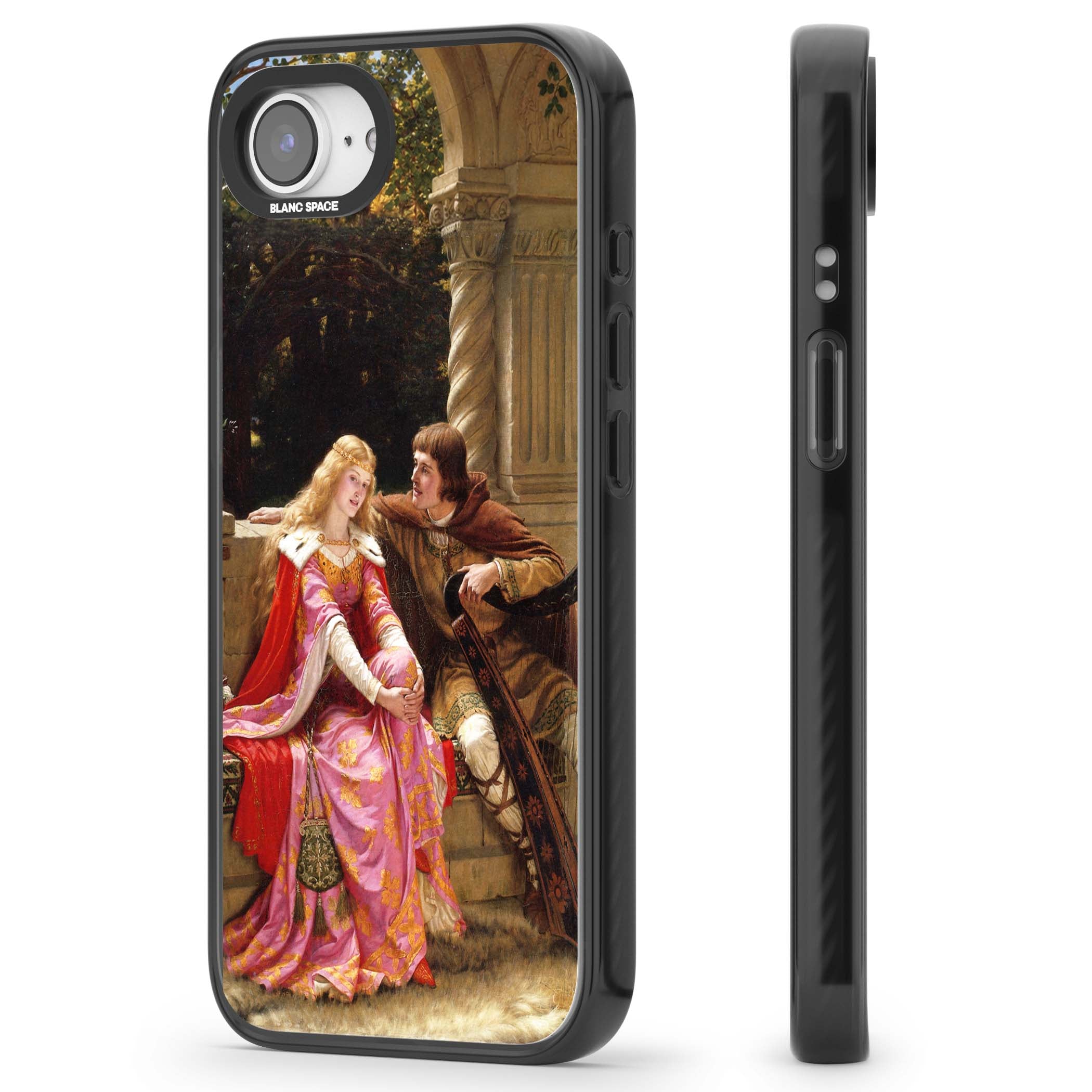 The End of the Song classic art iPhone case featuring a medieval lady in pink gown and her knight in a stone archway | Black Impact case for iPhone 16e, iPhone 17e