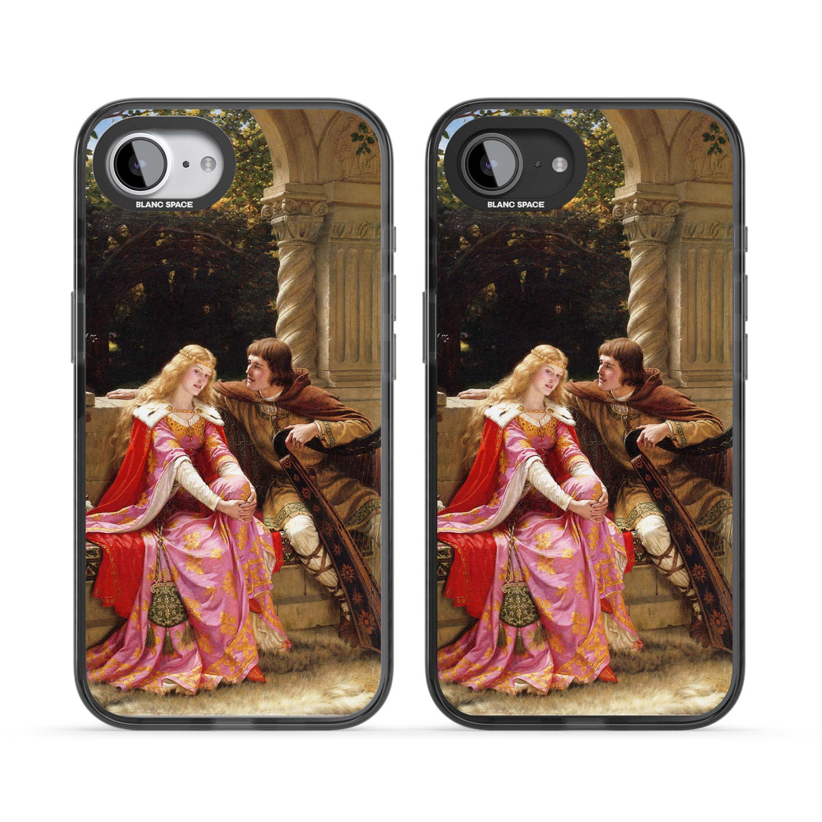 The End of the Song classic art iPhone case featuring a medieval lady in pink gown and her knight in a stone archway | Black Impact case for iPhone 16e, iPhone 17e