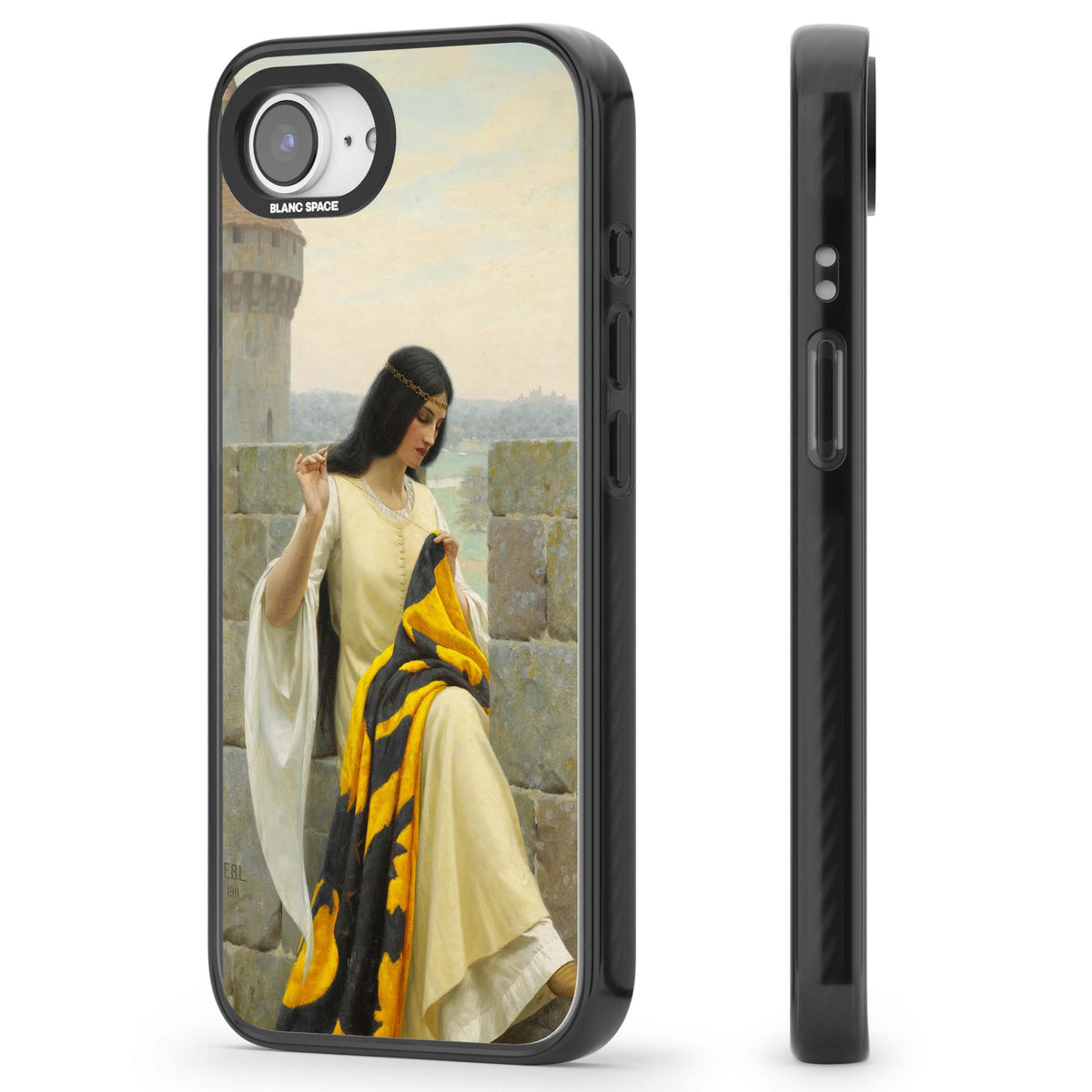 Stitching the Standard renaissance art iPhone case featuring a medieval lady sewing a golden banner on a castle wall | Black Impact case for iPhone 16e, iPhone 17e