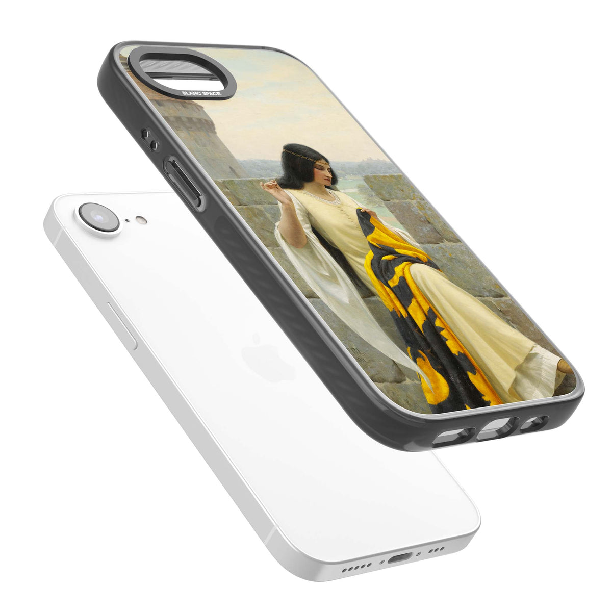 Stitching the Standard renaissance art iPhone case featuring a medieval lady sewing a golden banner on a castle wall | Black Impact case for iPhone 16e, iPhone 17e