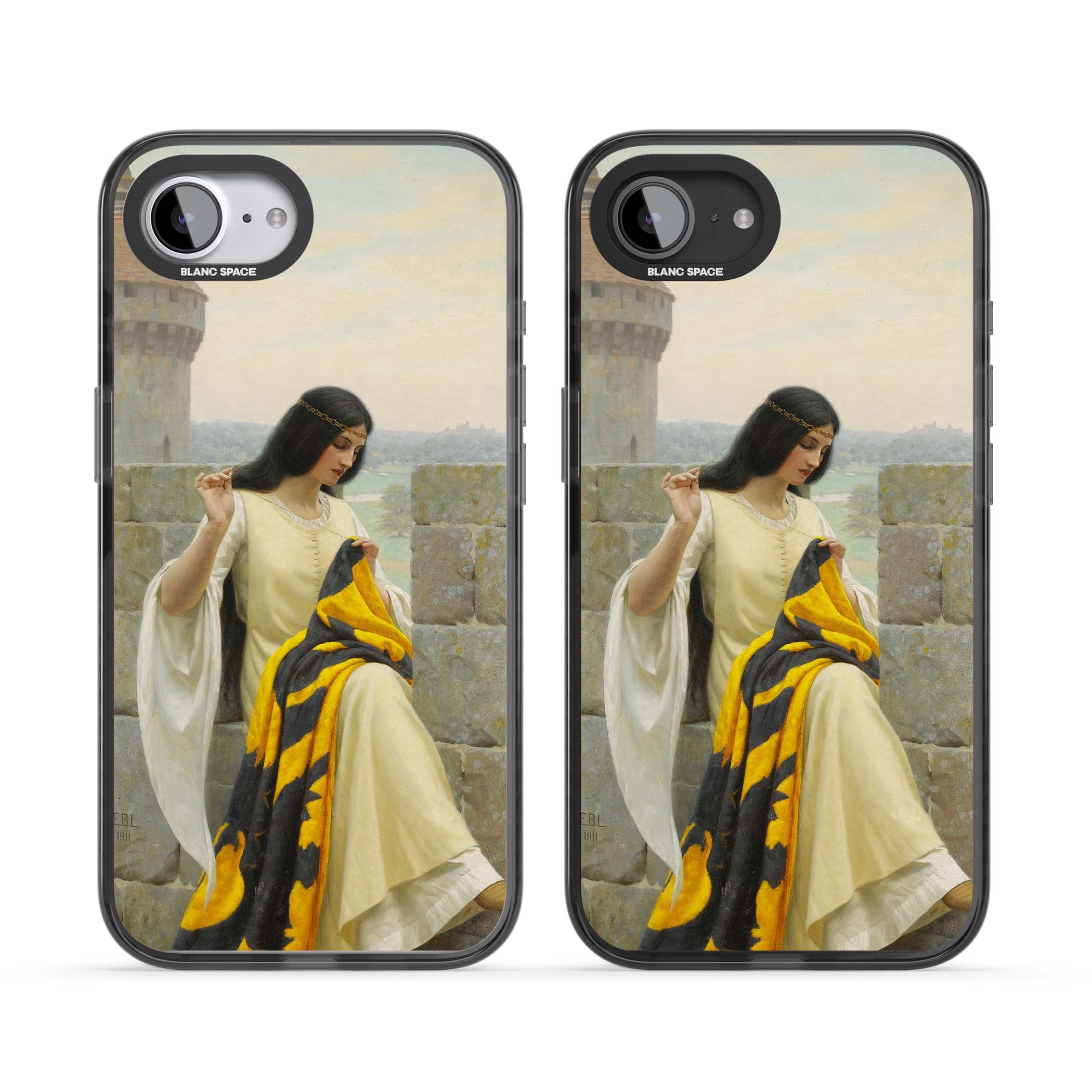 Stitching the Standard renaissance art iPhone case featuring a medieval lady sewing a golden banner on a castle wall | Black Impact case for iPhone 16e, iPhone 17e