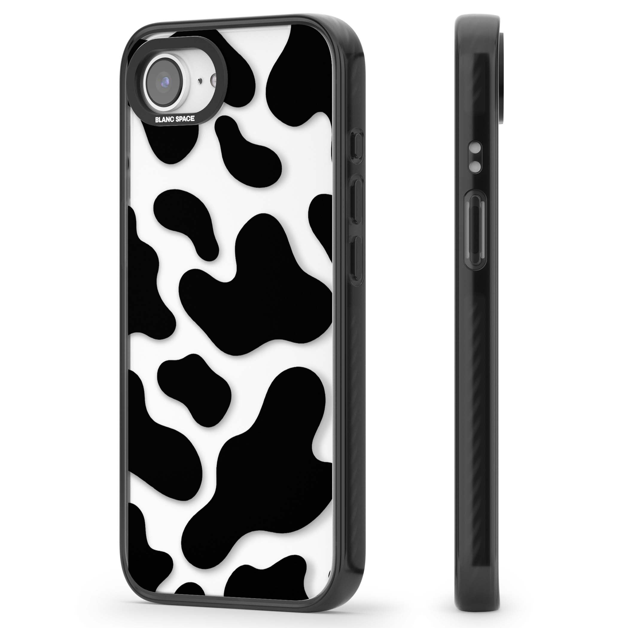 Clear Cow Print cow print iPhone case featuring black and white cow pattern splotches on a clear background | Black Impact case for iPhone 16e, iPhone 17e