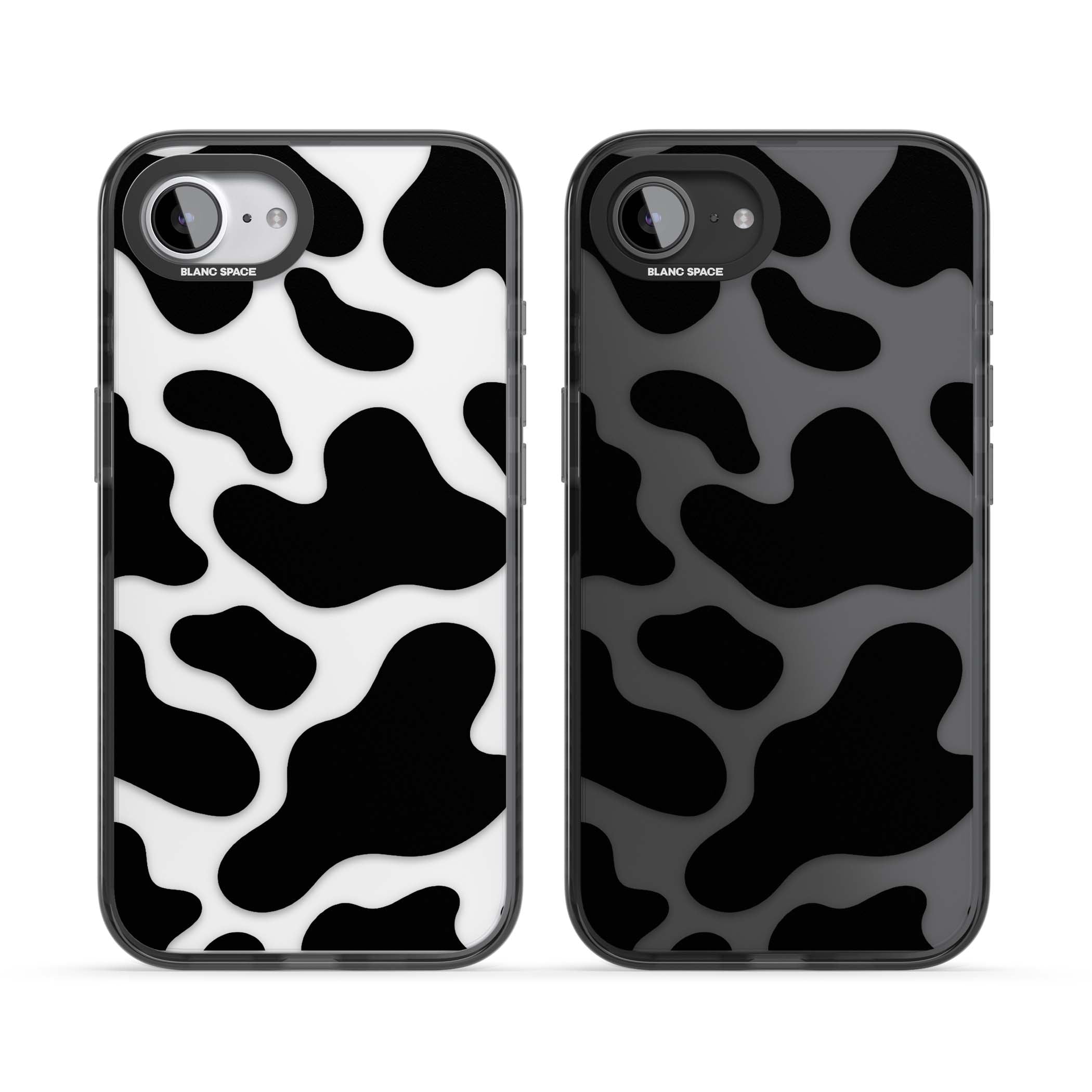 Clear Cow Print cow print iPhone case featuring black and white cow pattern splotches on a clear background | Black Impact case for iPhone 16e, iPhone 17e