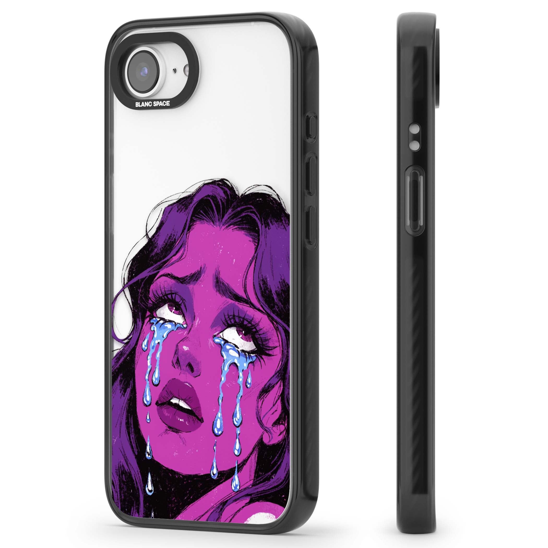 Drama Queen pop art iPhone case featuring a purple crying comic girl with blue tears | Black Impact case for iPhone 16e, iPhone 17e
