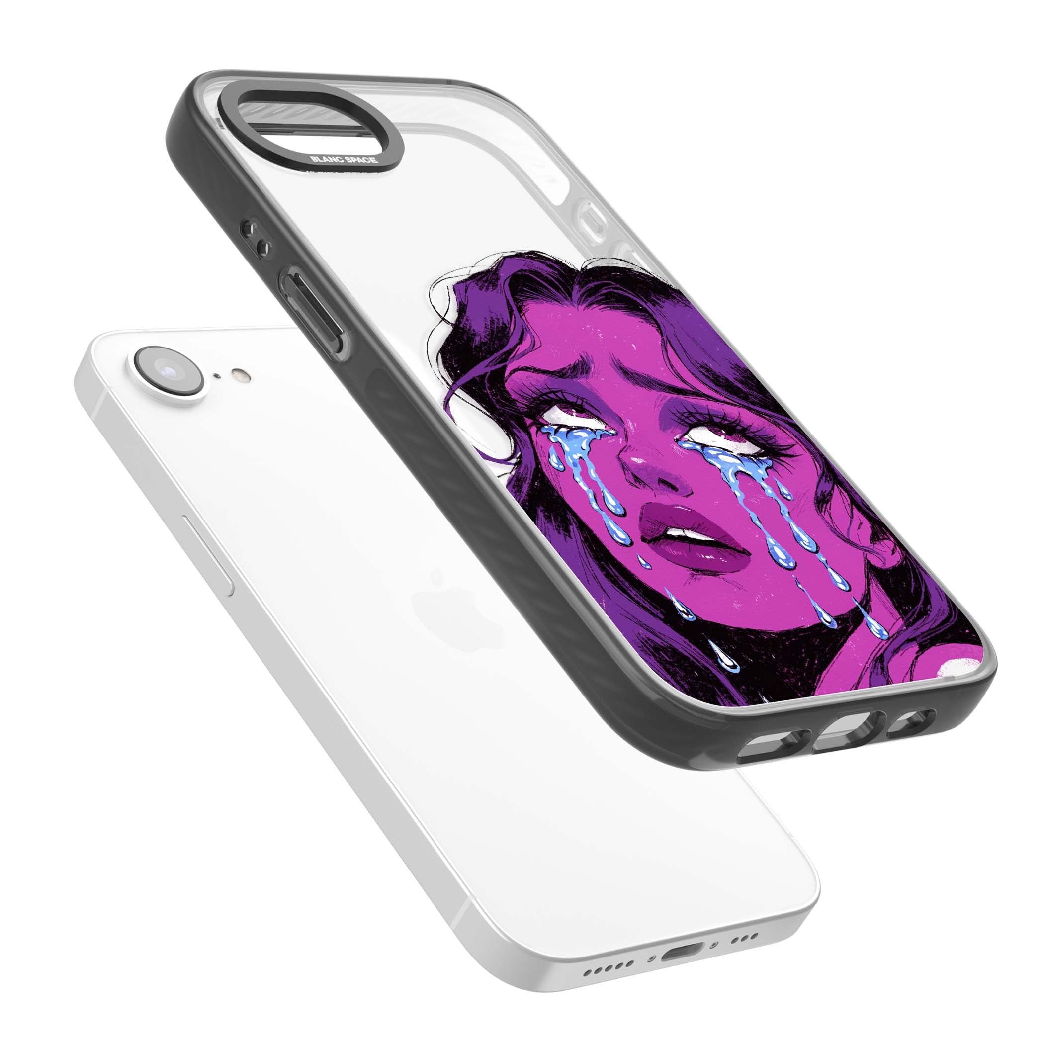 Drama Queen pop art iPhone case featuring a purple crying comic girl with blue tears | Black Impact case for iPhone 16e, iPhone 17e