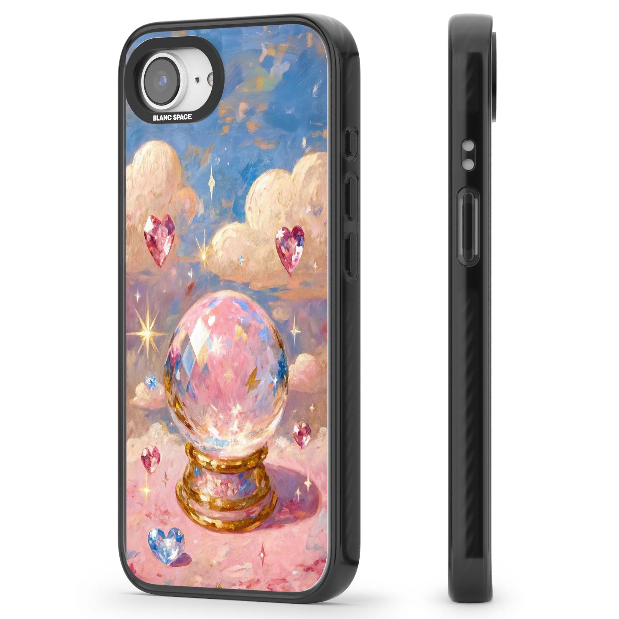 Crystal Ball fairycore iPhone case featuring a painted crystal ball, heart gemstones, and pastel clouds | Black Impact case for iPhone 16e, iPhone 17e
