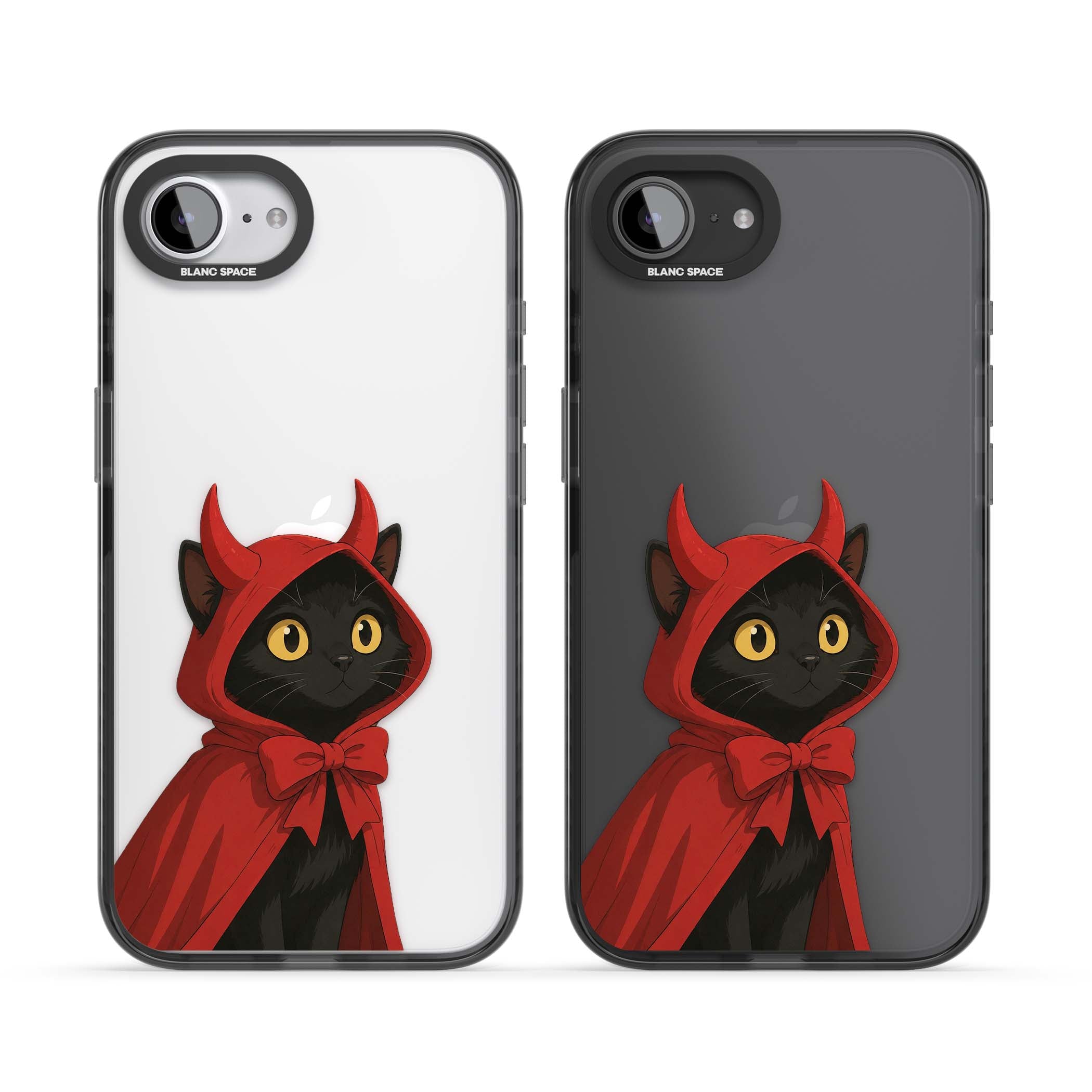 Little Devil halloween iPhone case featuring a black cat in a red hooded devil cloak with horns and golden eyes | Black Impact case for iPhone 16e, iPhone 17e