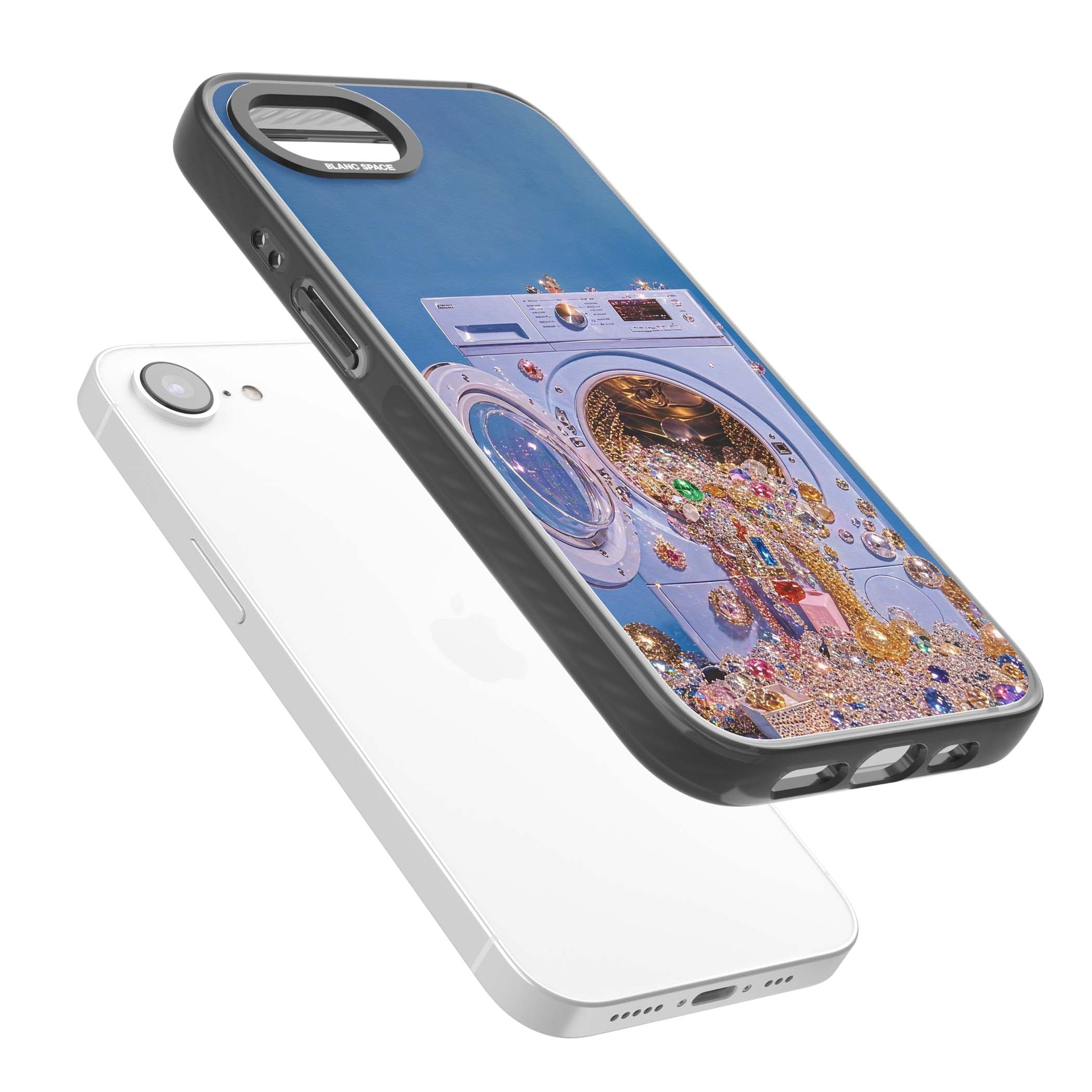 Gem Laundry baddie iPhone case featuring a surreal washing machine overflowing with colourful gemstones and crystals | Black Impact case for iPhone 16e, iPhone 17e