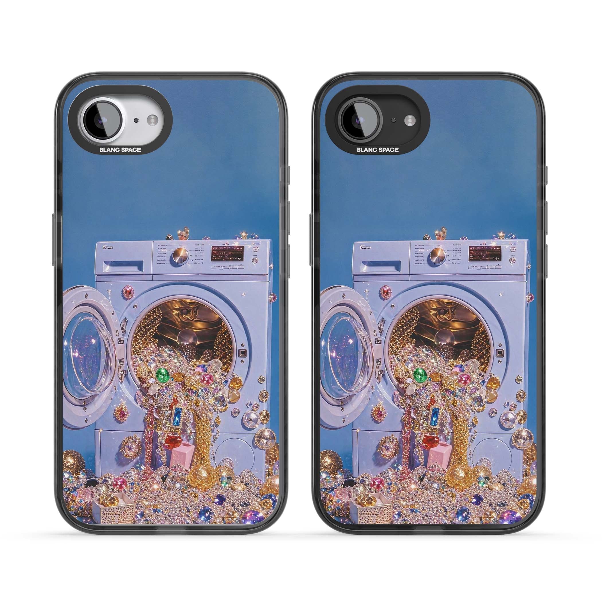 Gem Laundry baddie iPhone case featuring a surreal washing machine overflowing with colourful gemstones and crystals | Black Impact case for iPhone 16e, iPhone 17e