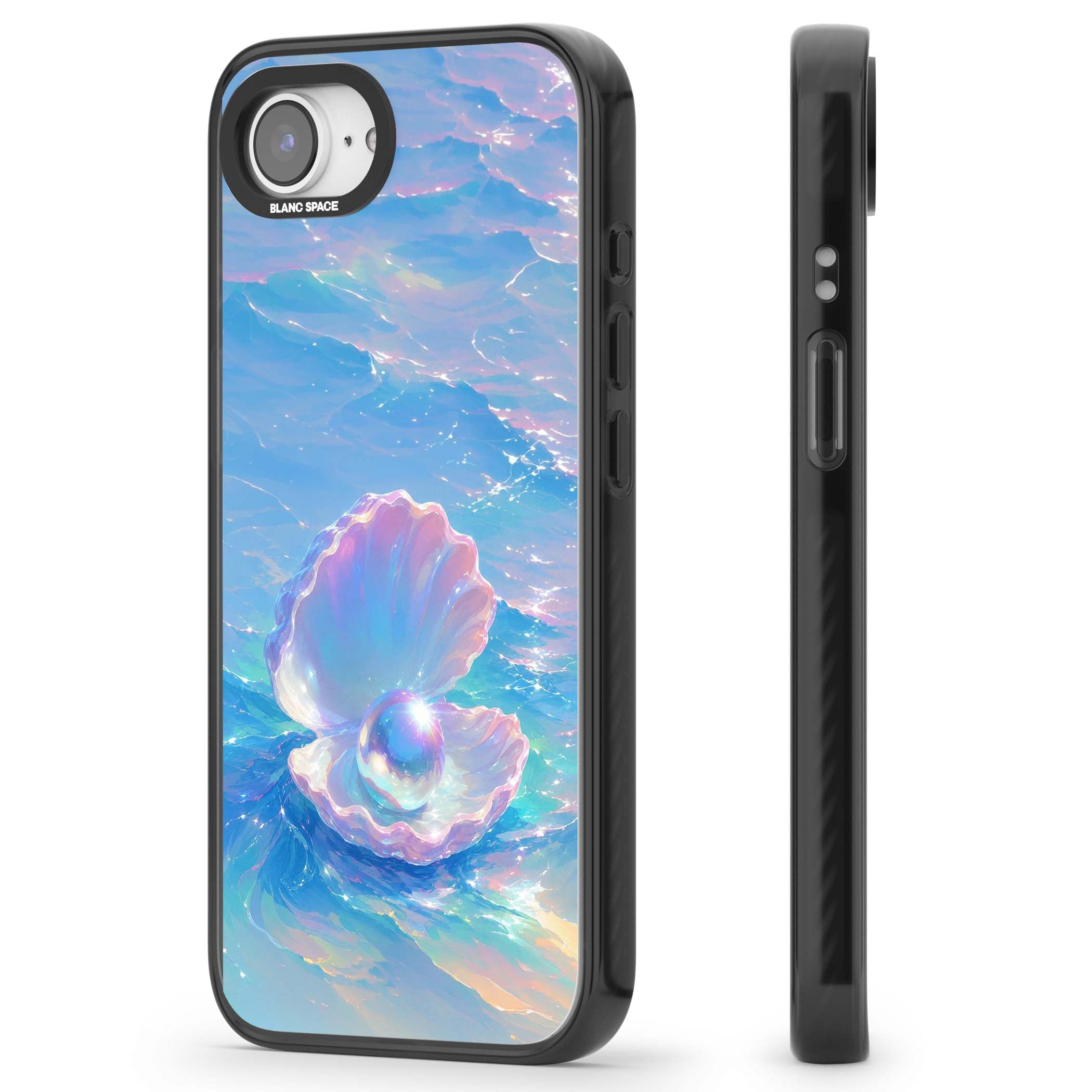 The Pearl Clam mermaidcore iPhone case featuring iridescent seashell, glowing pearl and pastel ocean waves | Black Impact case for iPhone 16e, iPhone 17e