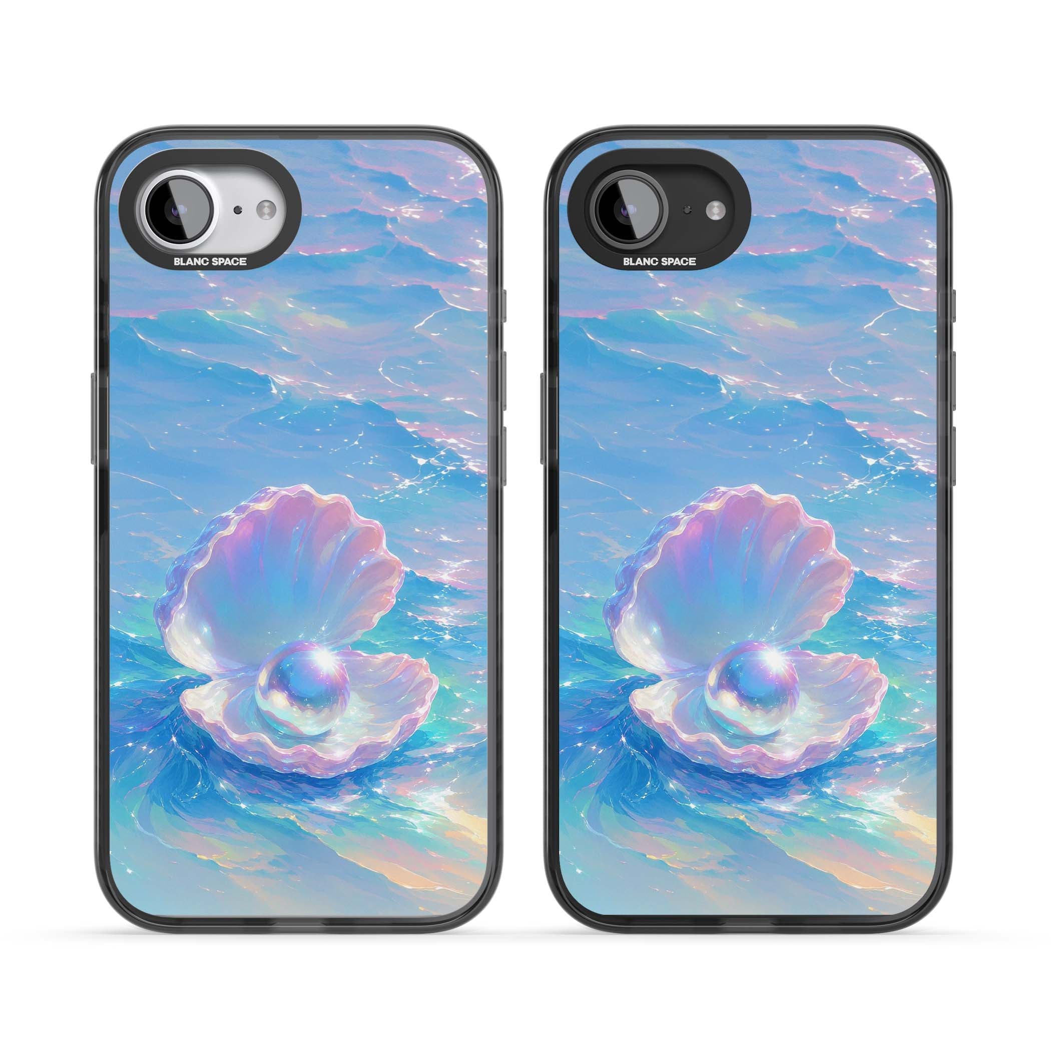 The Pearl Clam mermaidcore iPhone case featuring iridescent seashell, glowing pearl and pastel ocean waves | Black Impact case for iPhone 16e, iPhone 17e