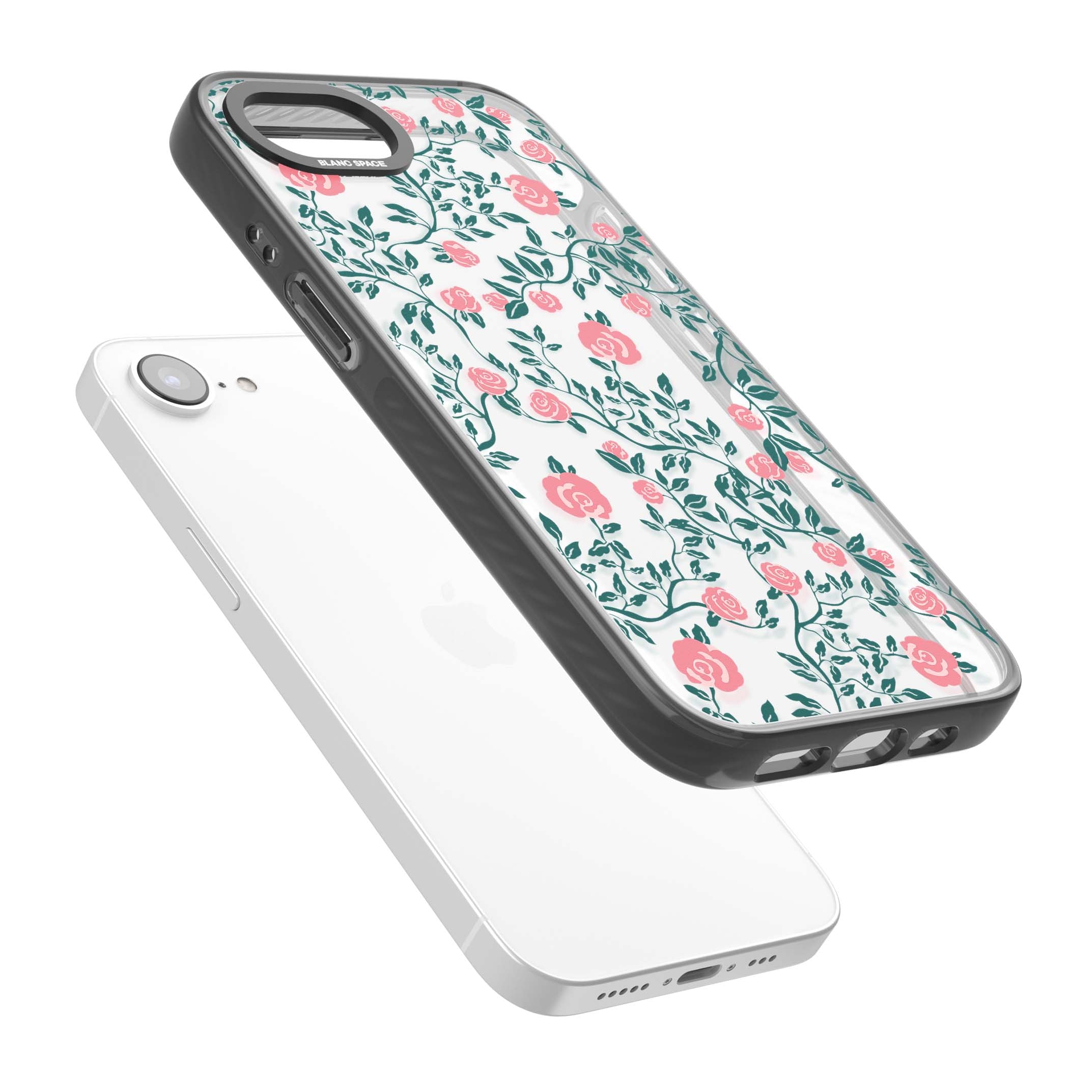 Rose Trellis (Clear) cottagecore iPhone case featuring pink climbing roses and green leaves on clear background | Black Impact case for iPhone 16e, iPhone 17e