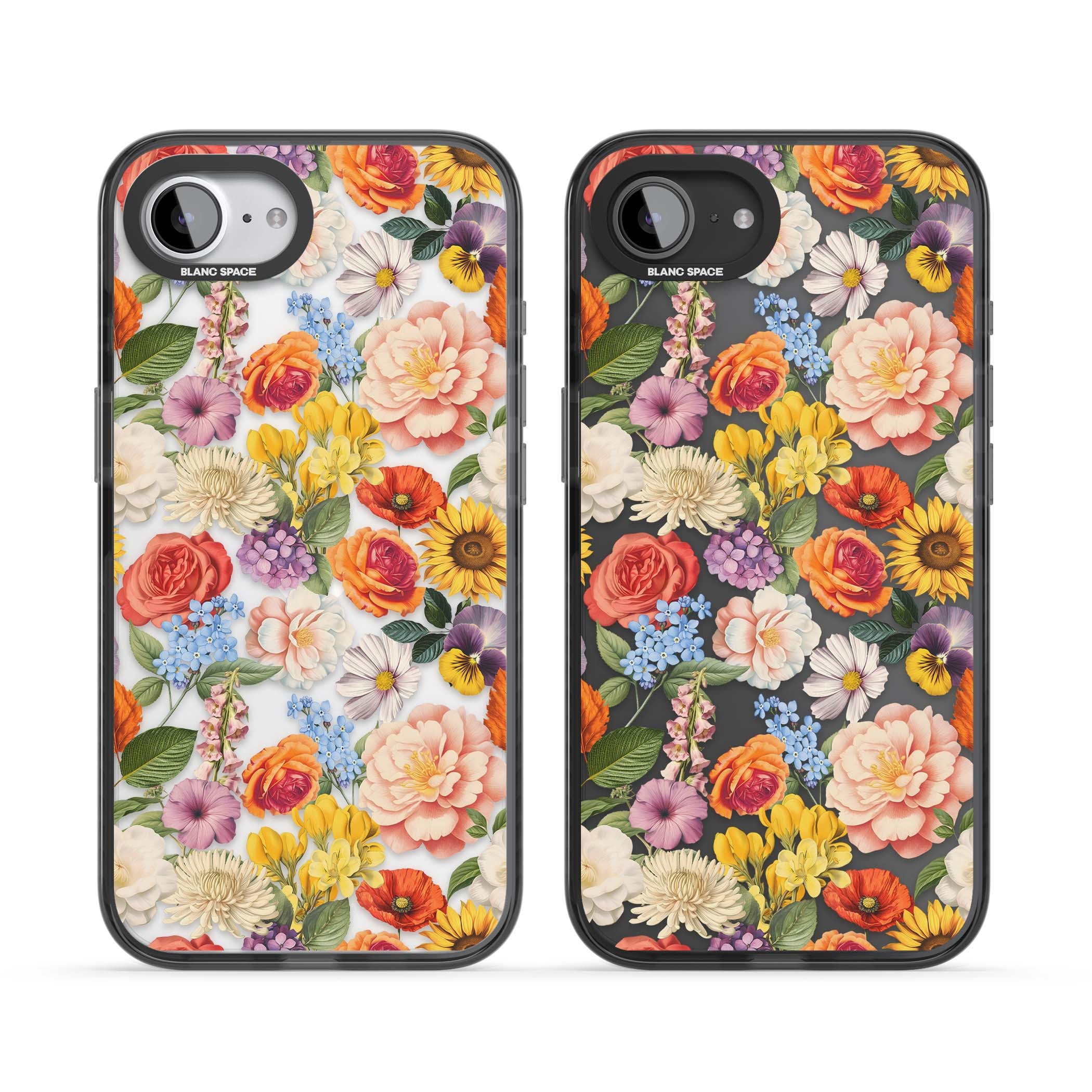 Bloom Basket floral iPhone case featuring cottage garden flowers including peonies, sunflowers, and wildflowers in pastel col | Black Impact case for iPhone 16e, iPhone 17e