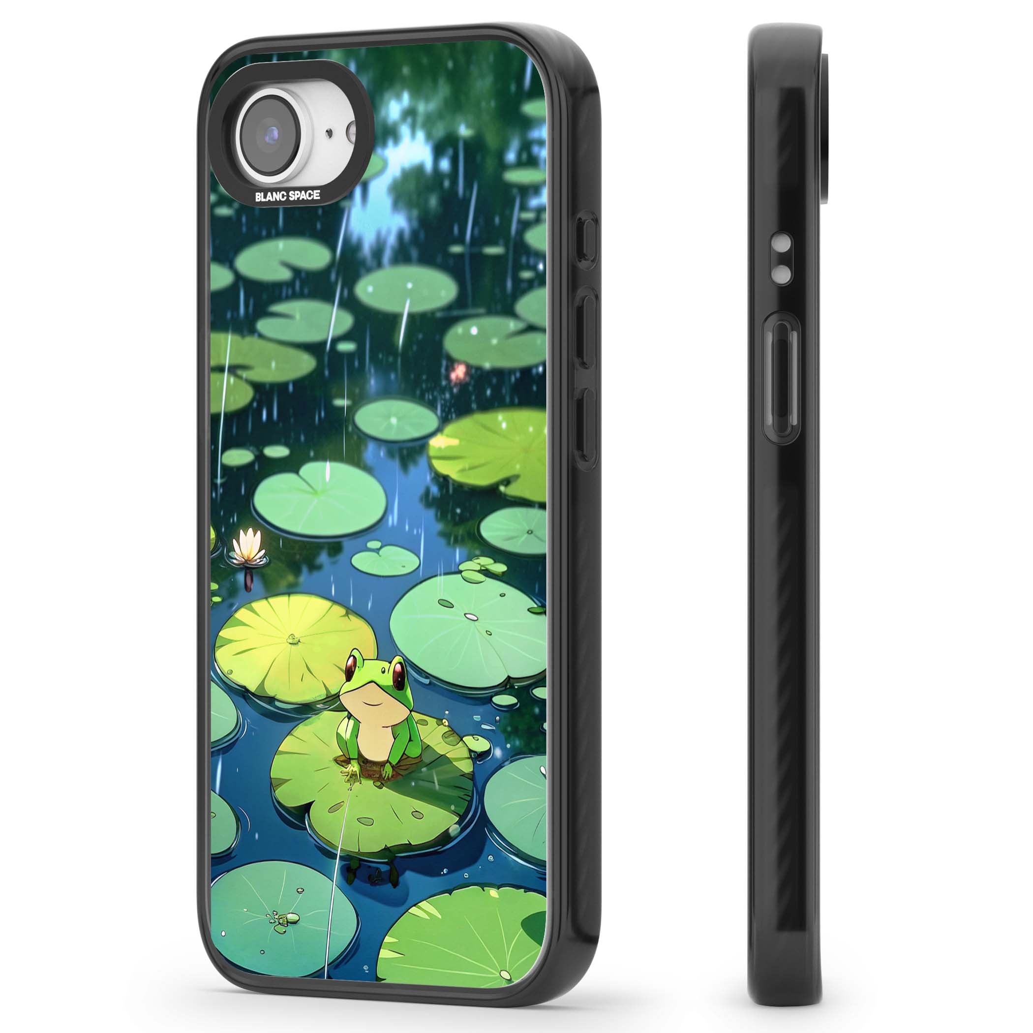 Frog In Lily Pond cottagecore iPhone case featuring a cute green frog on a lily pad with falling rain and a lotus flower | Black Impact case for iPhone 16e, iPhone 17e