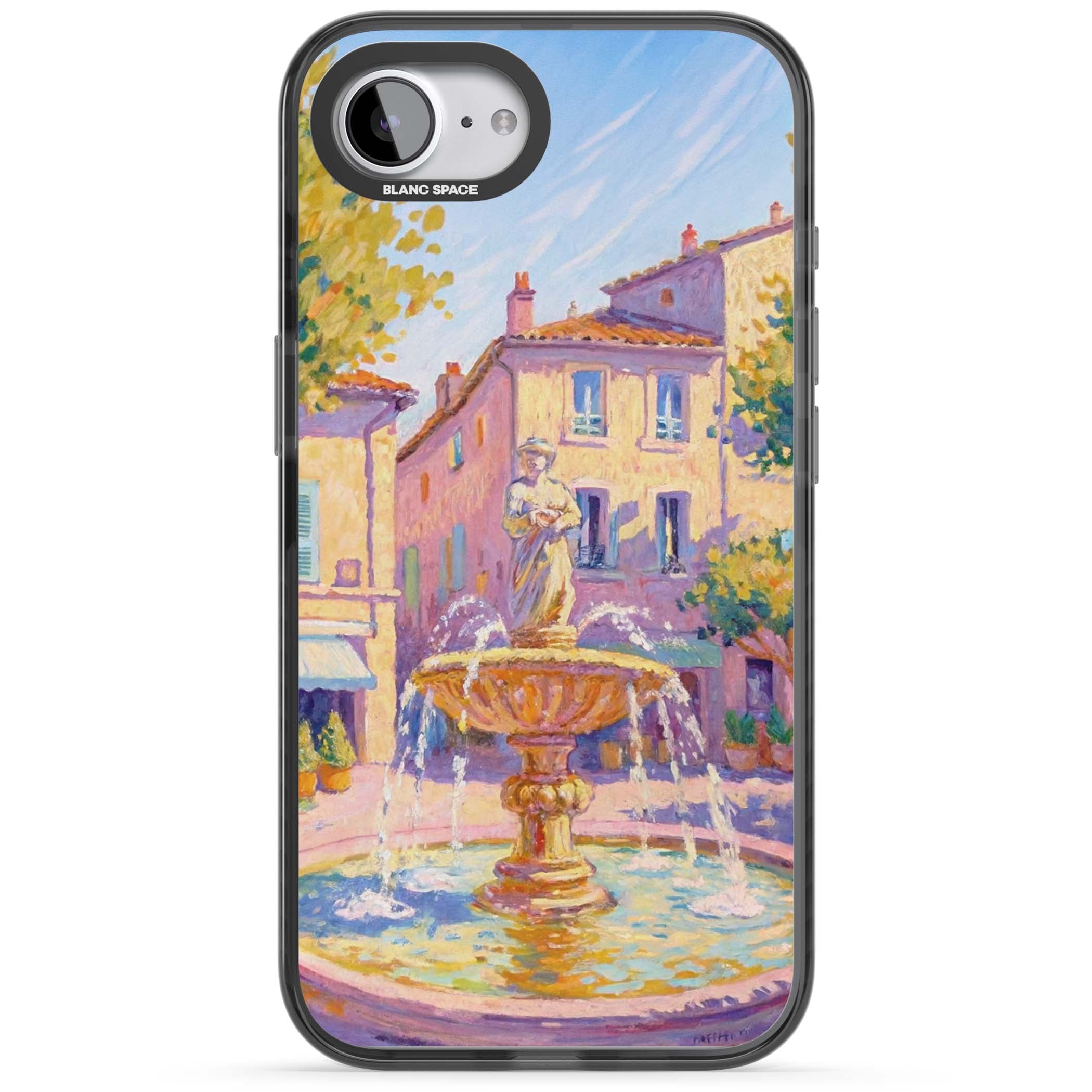 Fountain Square fine art iPhone case featuring an impressionist Provençal fountain, pastel village buildings and summe | Black Impact case for iPhone 16e, iPhone 17e