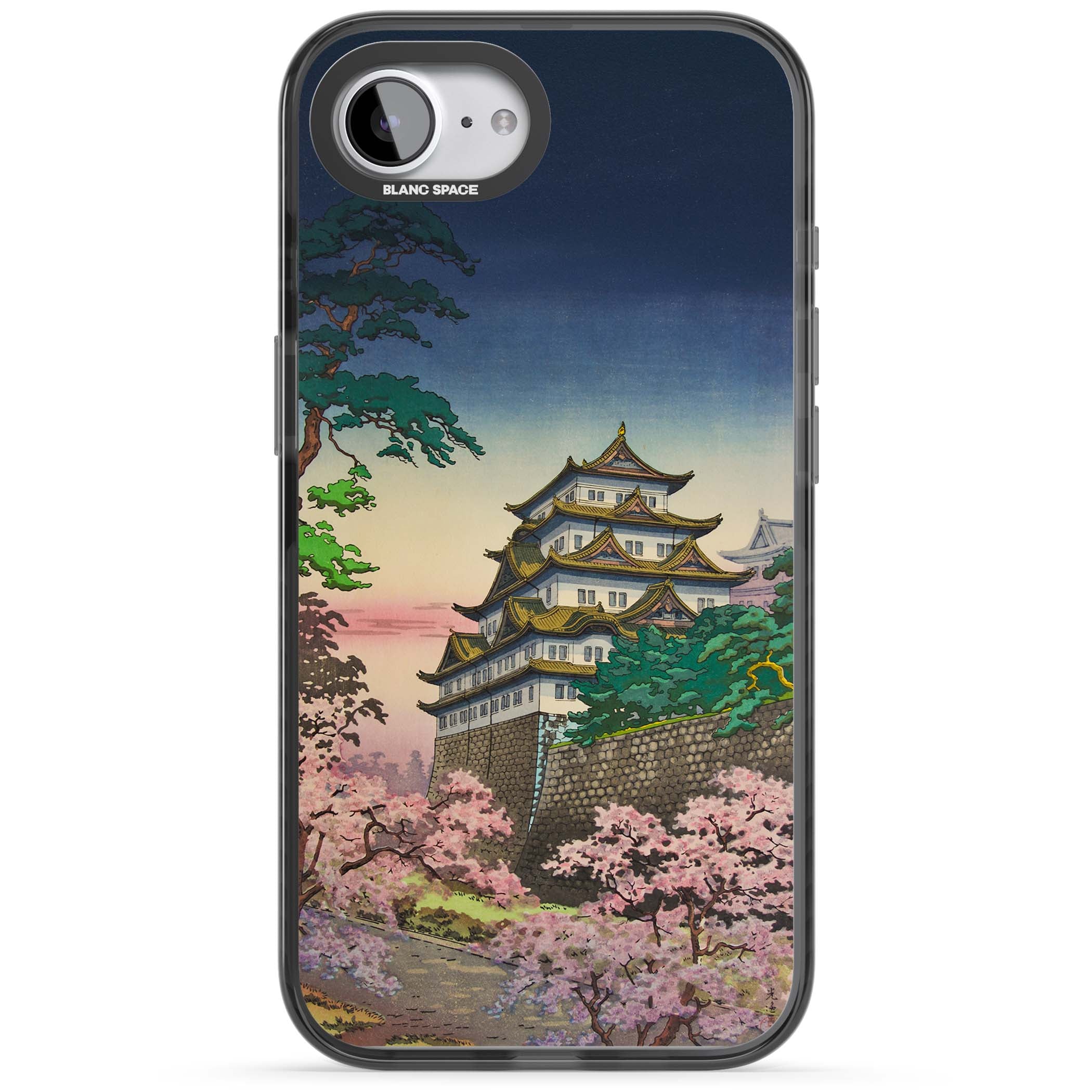 Nagoya Castle Japanese iPhone case featuring a vintage pagoda, twilight sky and cherry blossom trees | Black Impact case for iPhone 16e, iPhone 17e