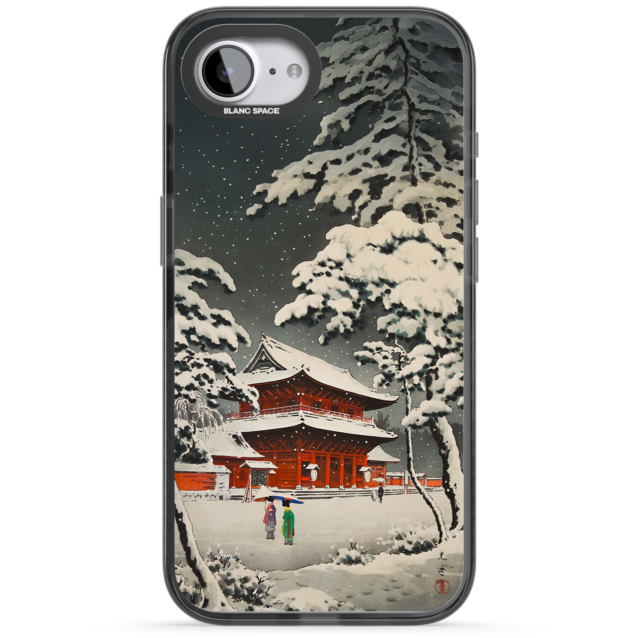 Snow at Shiha Park, Tokyo Japanese art iPhone case featuring a vintage ukiyo-e snowy temple, red pagoda, and snow-covered pin | Black Impact case for iPhone 16e, iPhone 17e
