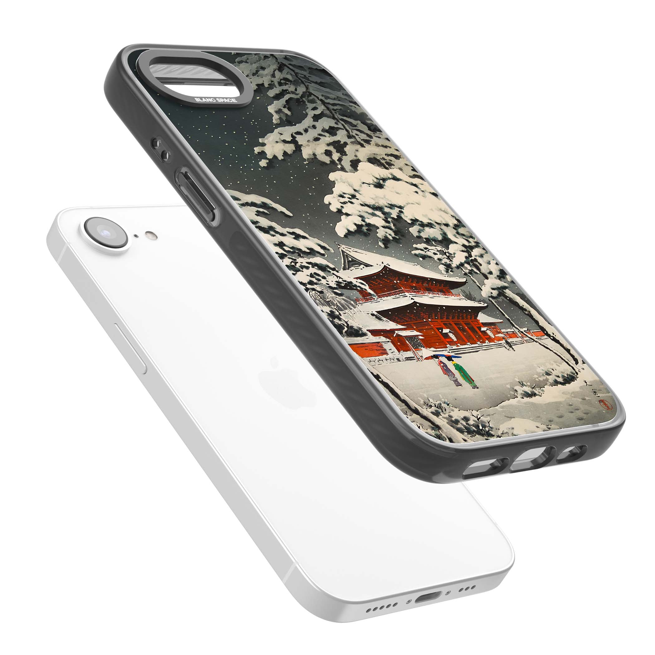 Snow at Shiha Park, Tokyo Japanese art iPhone case featuring a vintage ukiyo-e snowy temple, red pagoda, and snow-covered pin | Black Impact case for iPhone 16e, iPhone 17e