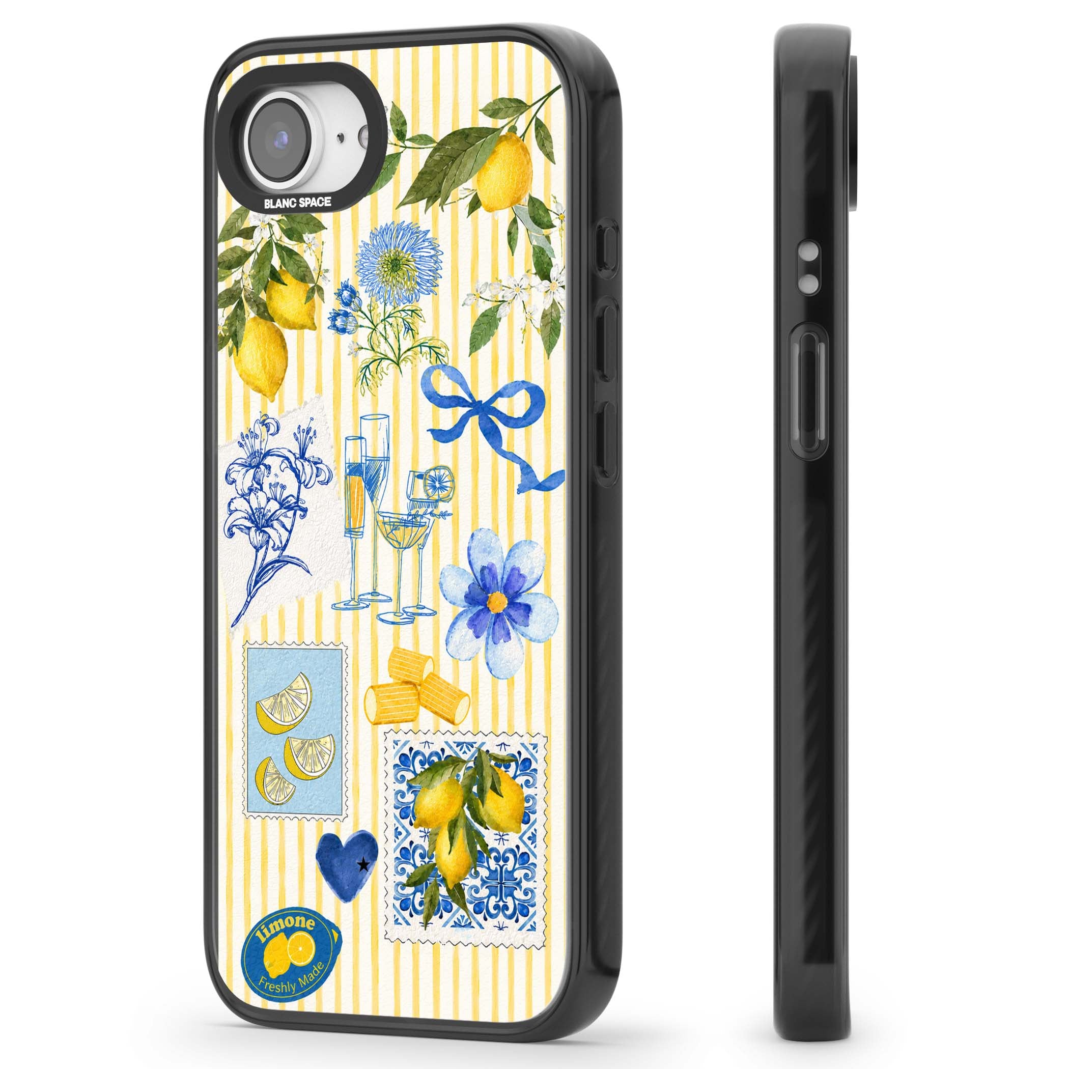 Limone Riviera Italian summer iPhone case featuring watercolour lemons, blue ribbon bows and majolica tile stamps on... | Black Impact case for iPhone 16e, iPhone 17e