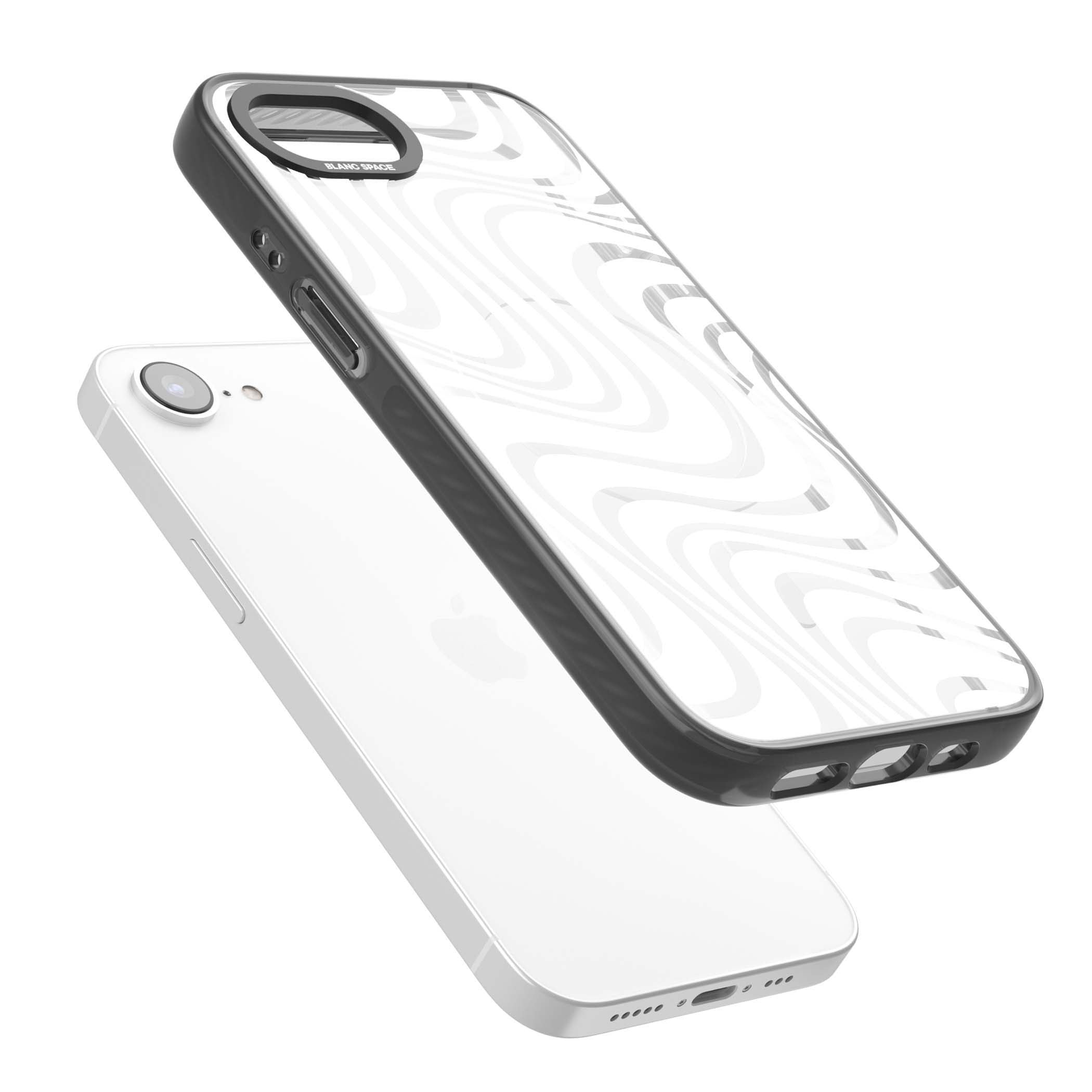 White Abstract Waves abstract iPhone case featuring flowing grey wave pattern on clear background | Black Impact Magsafe case for iPhone 16e, iPhone 17e