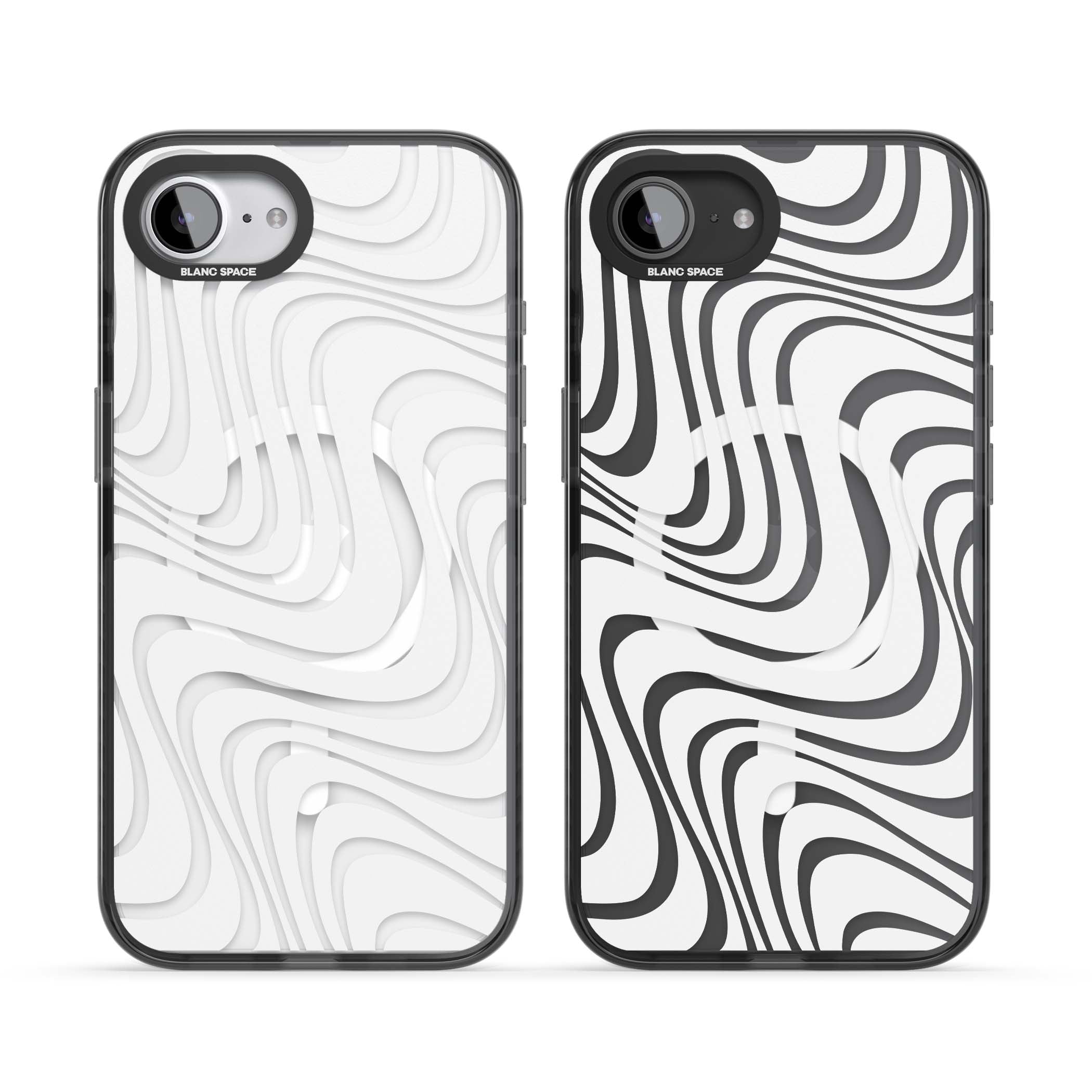 White Abstract Waves abstract iPhone case featuring flowing grey wave pattern on clear background | Black Impact Magsafe case for iPhone 16e, iPhone 17e