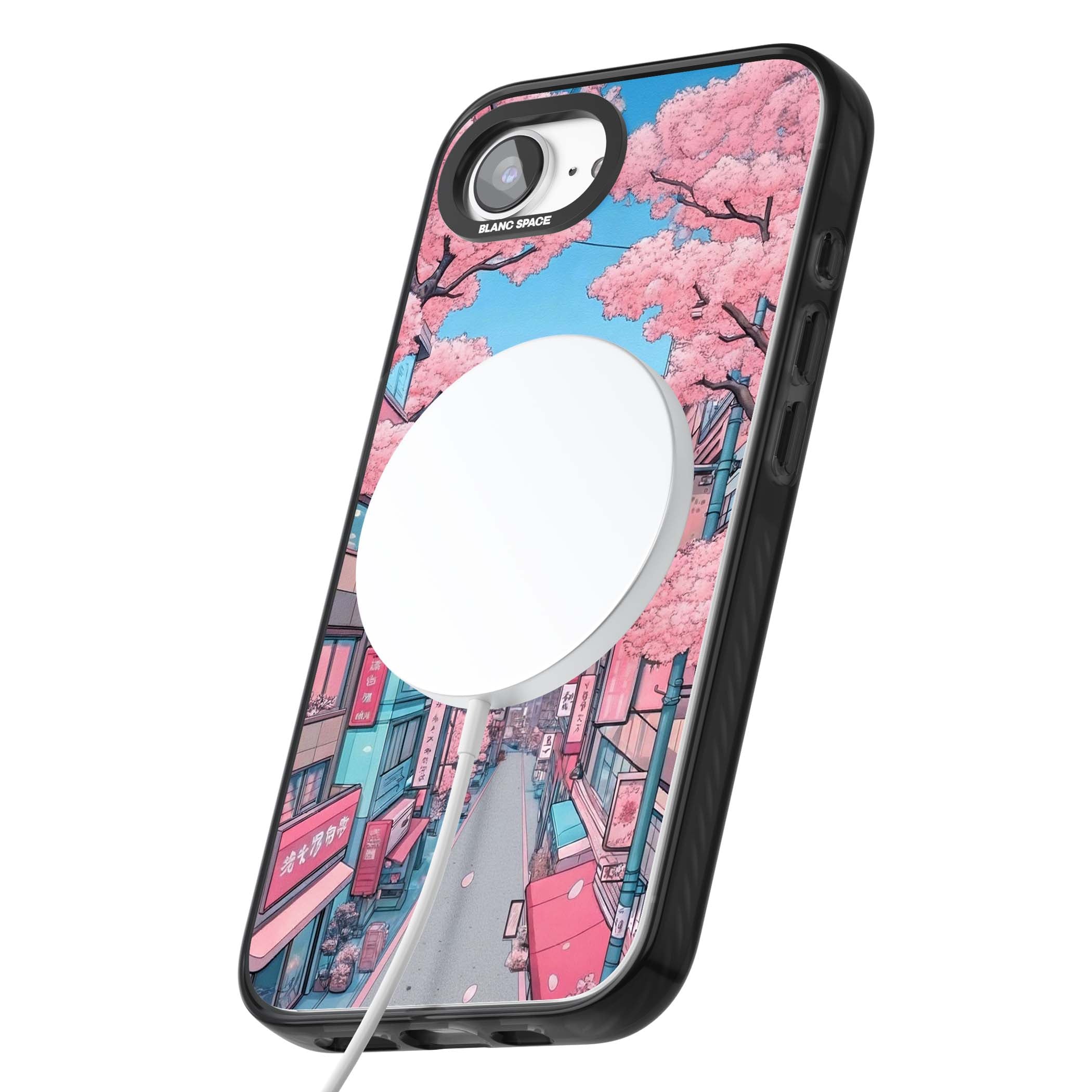 Sakura Lane anime iPhone case featuring Tokyo street scene with cherry blossoms and Mount Fuji | Black Impact Magsafe case for iPhone 16e, iPhone 17e