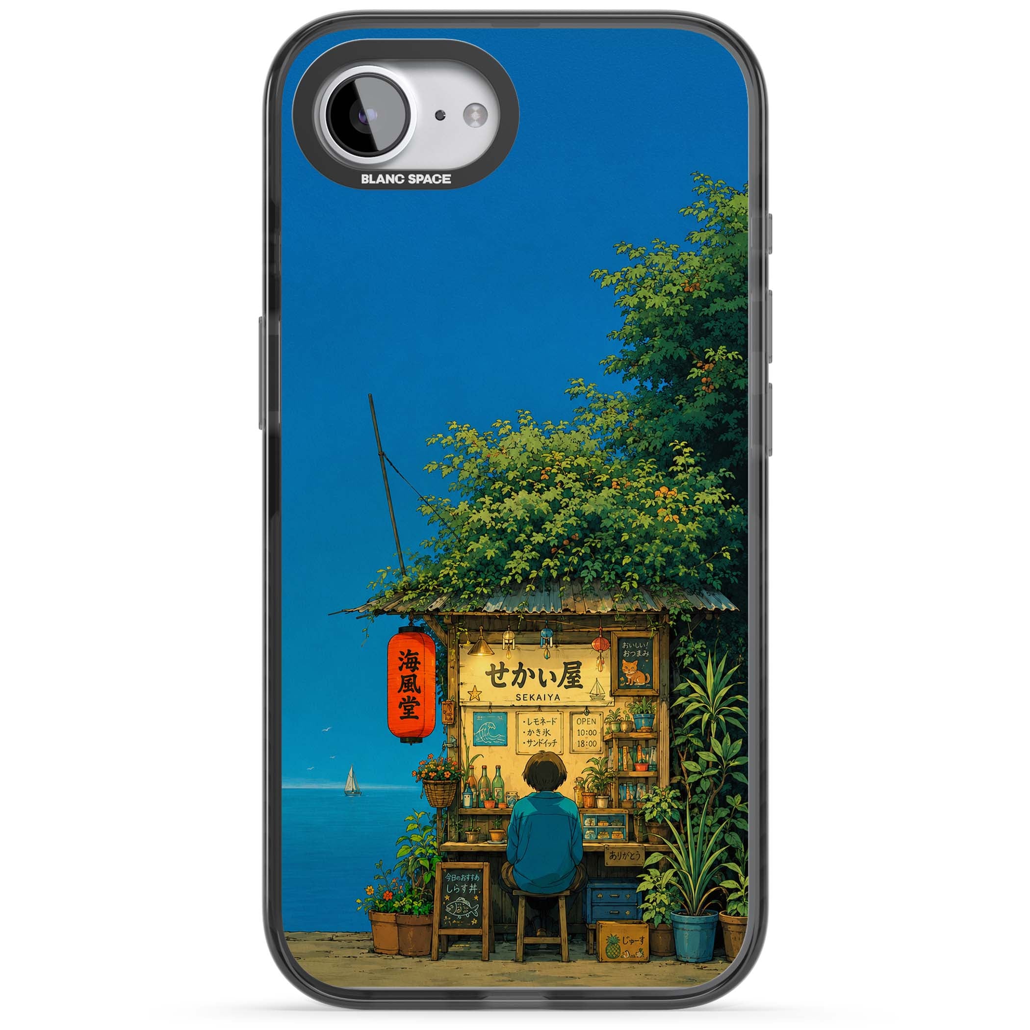 The Shirahama Kiosk anime iPhone case featuring a Japanese seaside shop, red paper lantern and ocean view | Black Impact Magsafe case for iPhone 16e, iPhone 17e