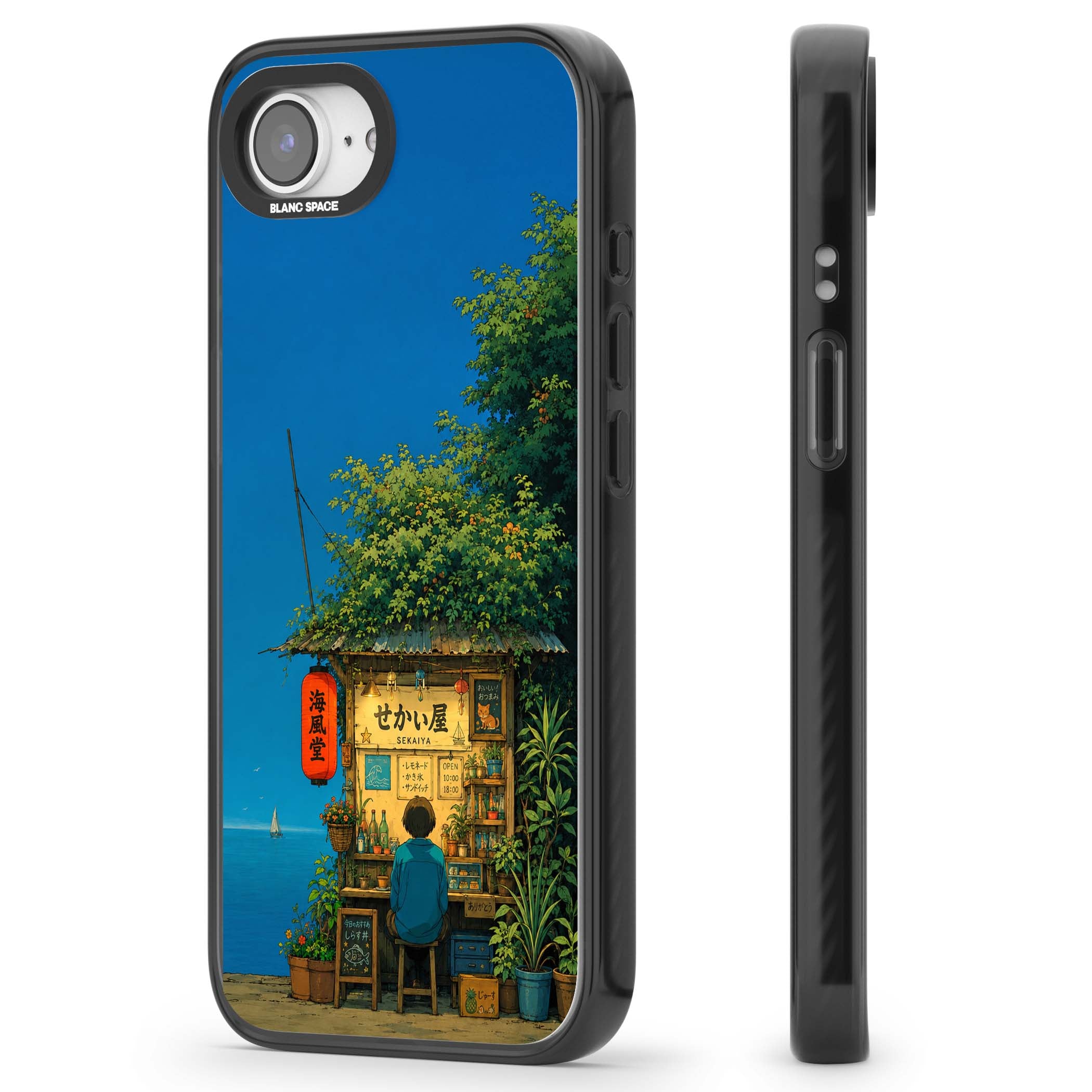 The Shirahama Kiosk anime iPhone case featuring a Japanese seaside shop, red paper lantern and ocean view | Black Impact Magsafe case for iPhone 16e, iPhone 17e