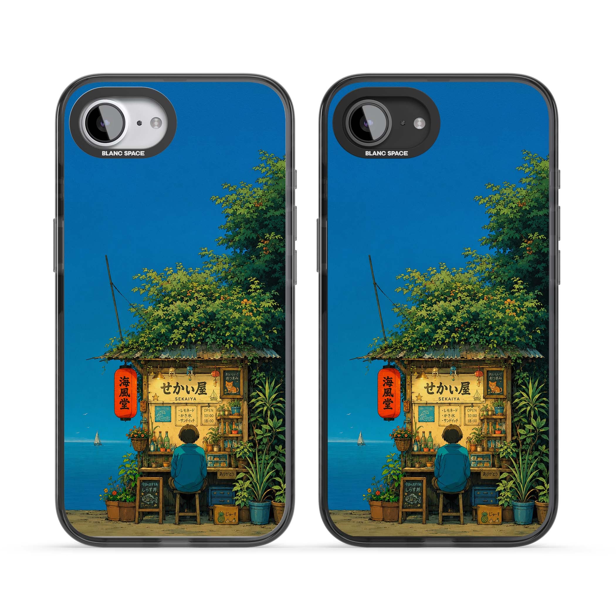 The Shirahama Kiosk anime iPhone case featuring a Japanese seaside shop, red paper lantern and ocean view | Black Impact Magsafe case for iPhone 16e, iPhone 17e