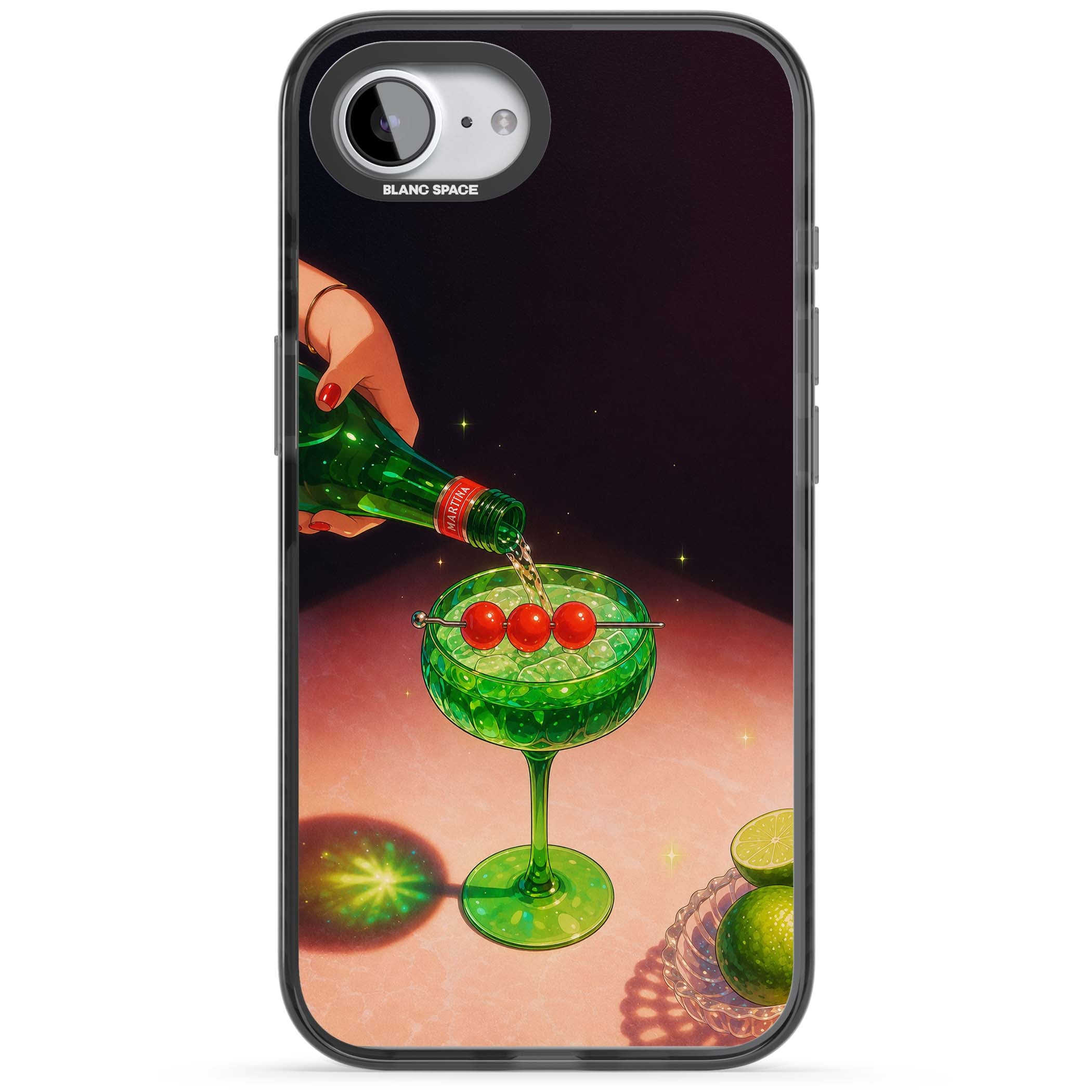Absinthe Hour cocktail iPhone case featuring a green coupe glass, cherry garnish and vintage bottle pour illustration | Black Impact Magsafe case for iPhone 16e, iPhone 17e