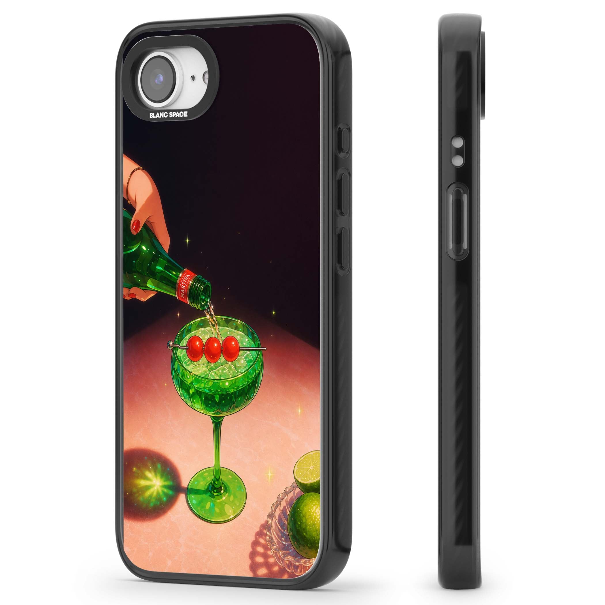 Absinthe Hour cocktail iPhone case featuring a green coupe glass, cherry garnish and vintage bottle pour illustration | Black Impact Magsafe case for iPhone 16e, iPhone 17e