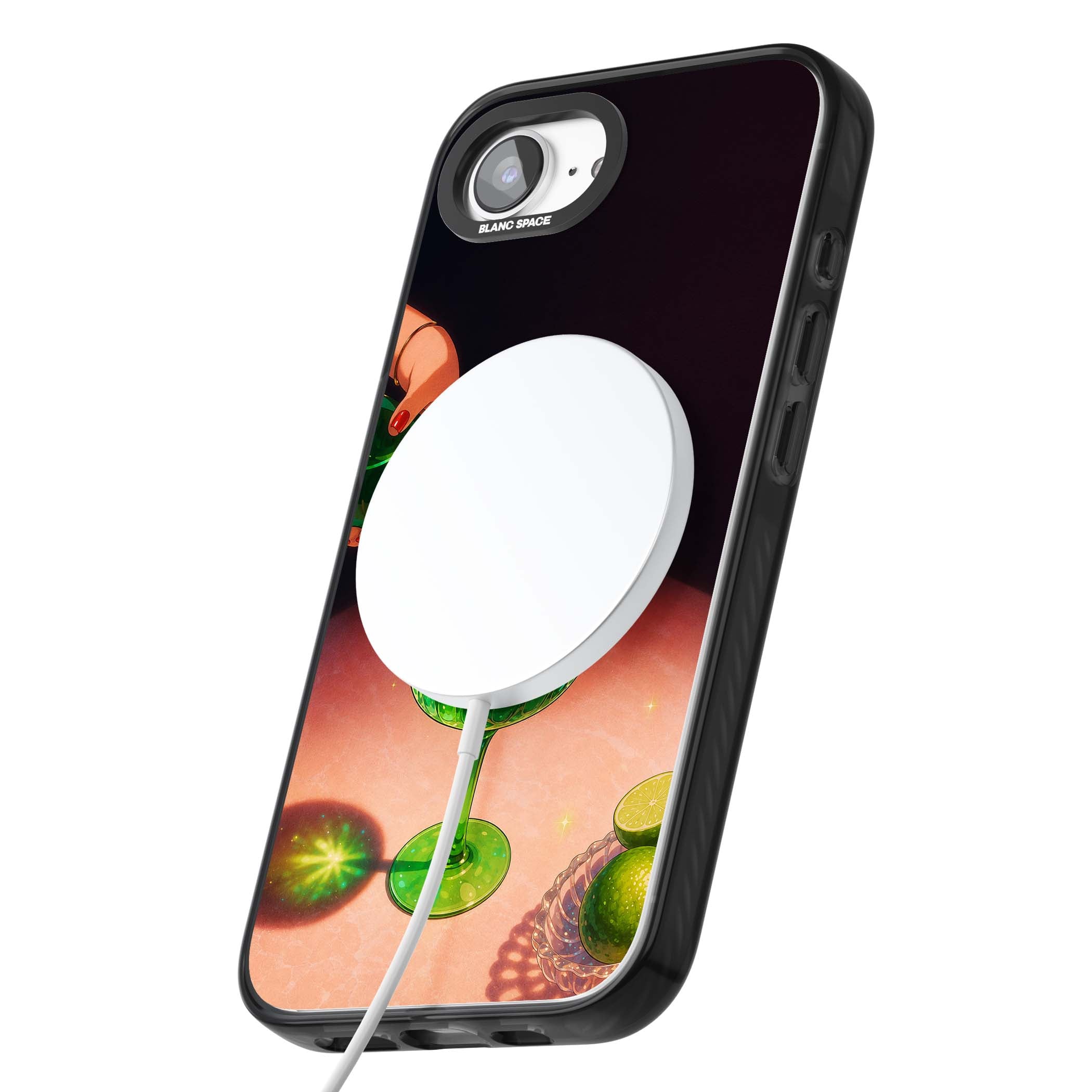 Absinthe Hour cocktail iPhone case featuring a green coupe glass, cherry garnish and vintage bottle pour illustration | Black Impact Magsafe case for iPhone 16e, iPhone 17e