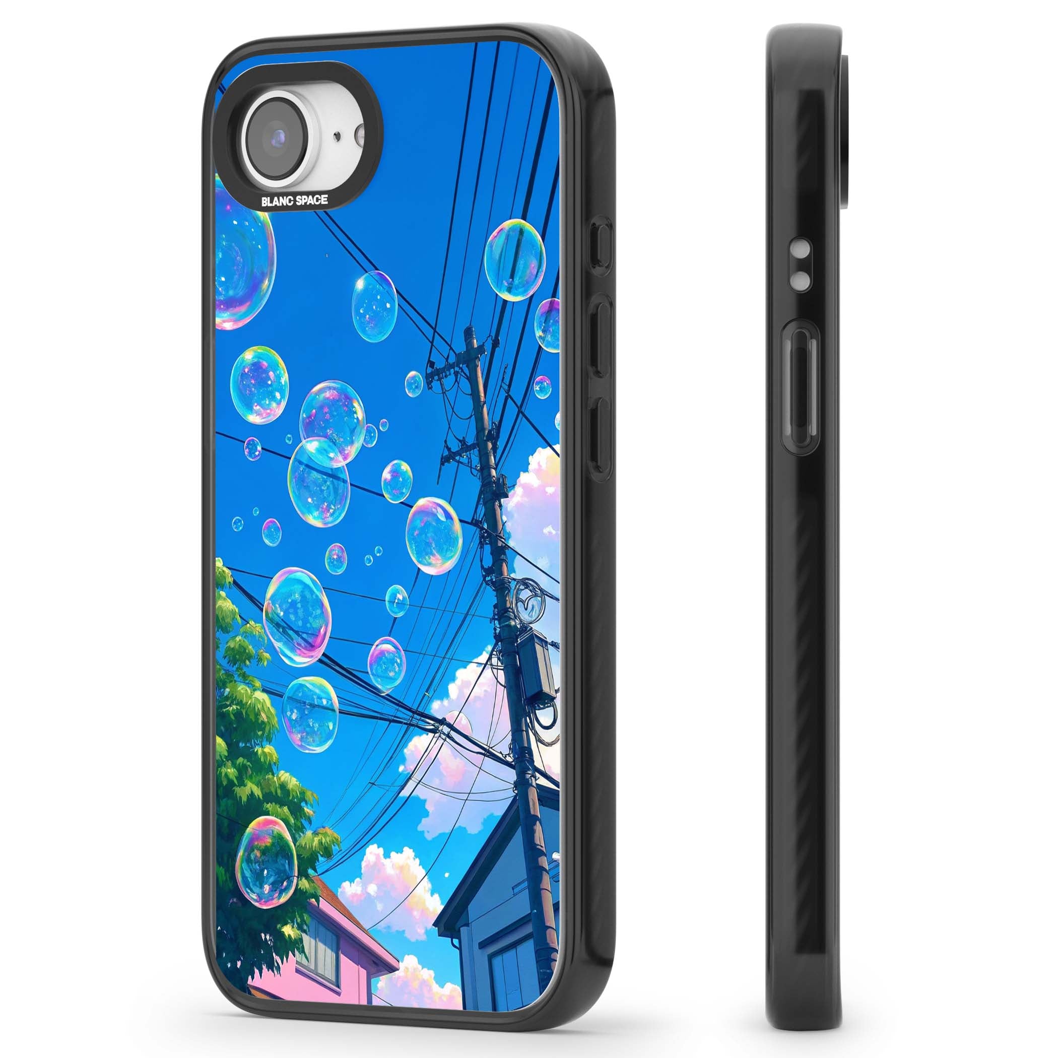 Suburban Bubbles anime iPhone case featuring iridescent soap bubbles, blue sky and Japanese telephone wires | Black Impact Magsafe case for iPhone 16e, iPhone 17e