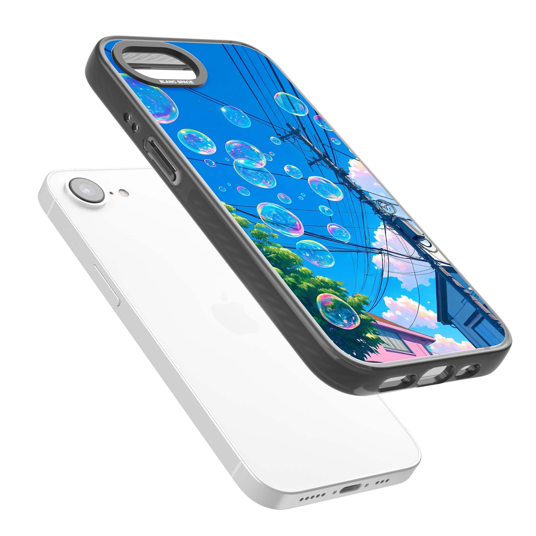 Suburban Bubbles anime iPhone case featuring iridescent soap bubbles, blue sky and Japanese telephone wires | Black Impact Magsafe case for iPhone 16e, iPhone 17e