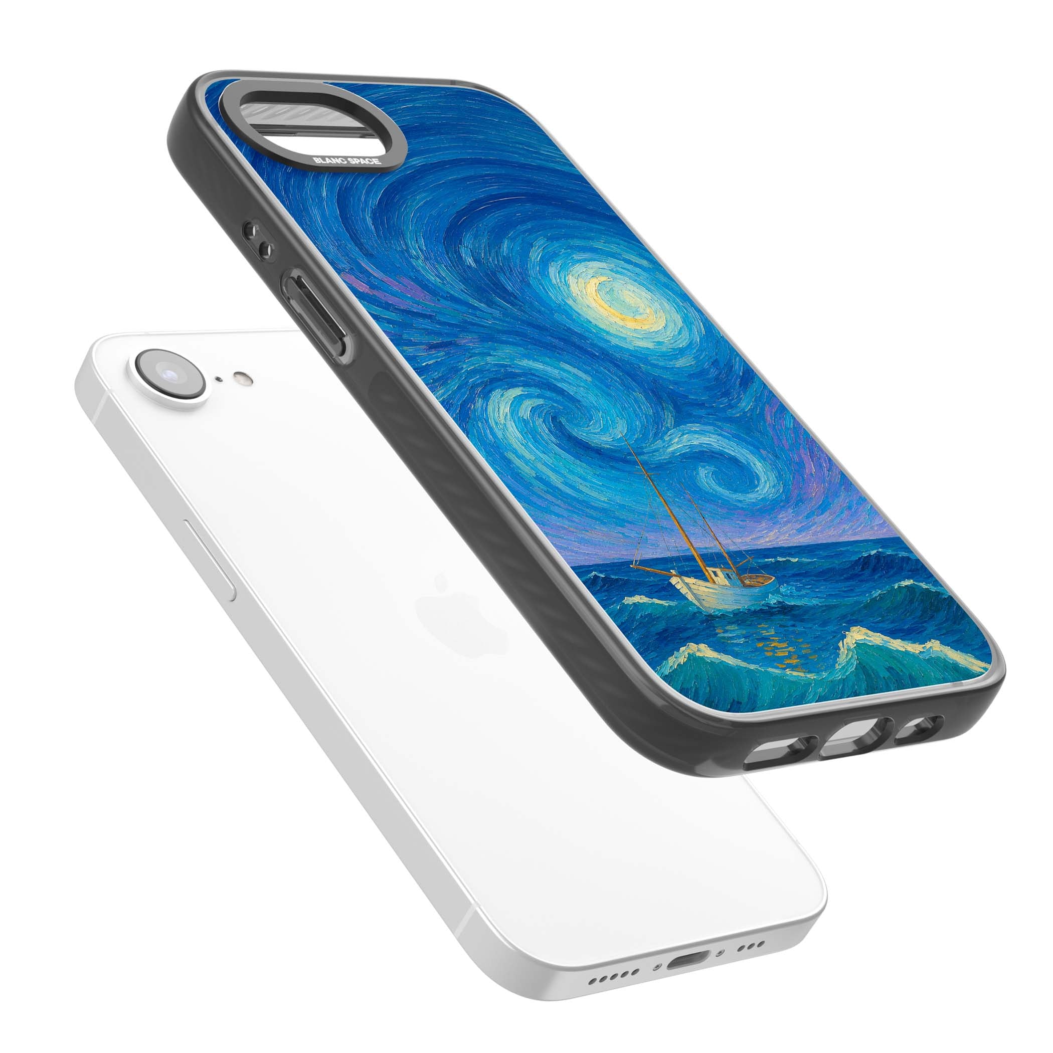 Moonlit Tide Van Gogh art iPhone case featuring swirling starry night sky, glowing moon and lone sailing boat at sea | Black Impact Magsafe case for iPhone 16e, iPhone 17e