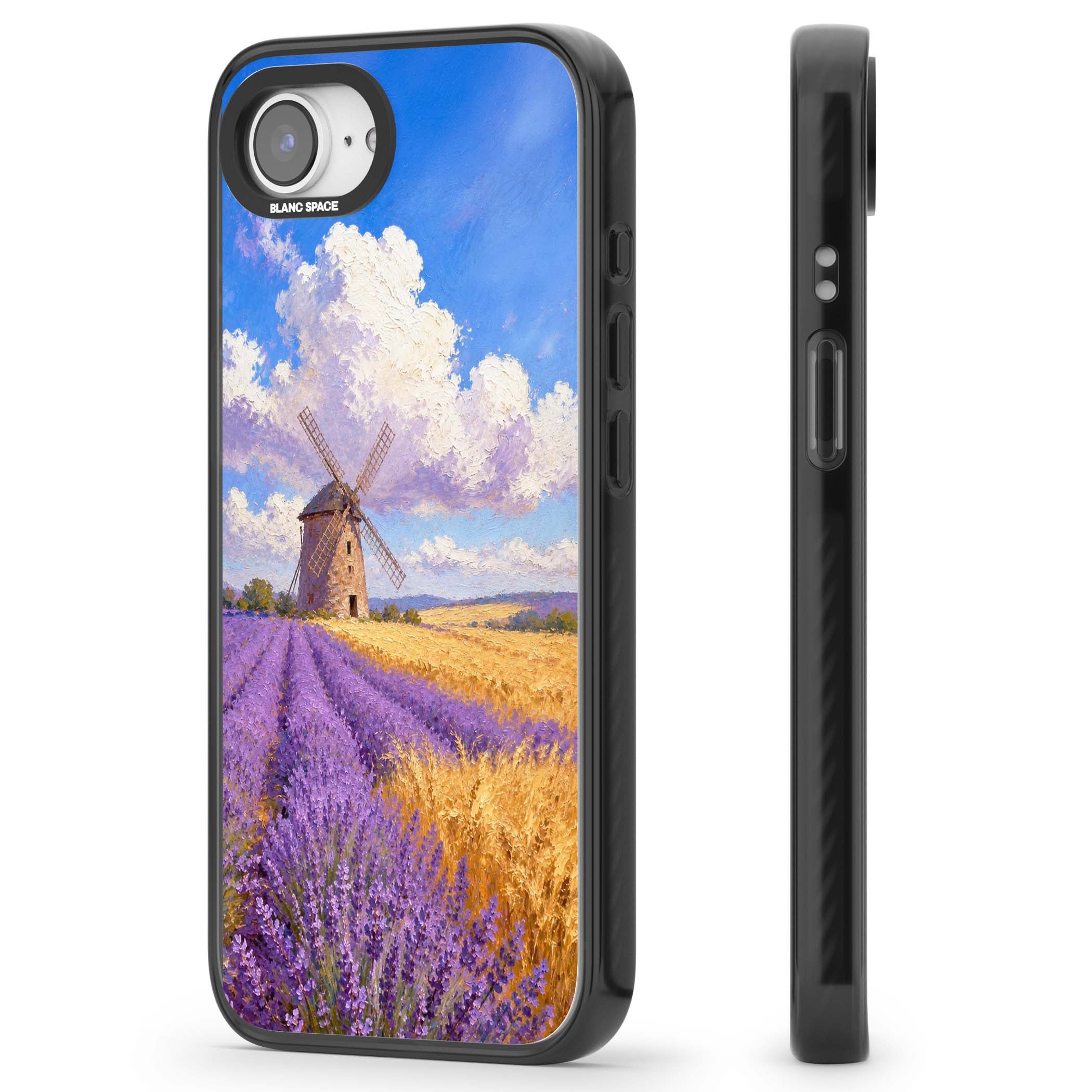 Lavender Mill cottagecore iPhone case featuring a French windmill, lavender field and golden wheat oil painting | Black Impact Magsafe case for iPhone 16e, iPhone 17e