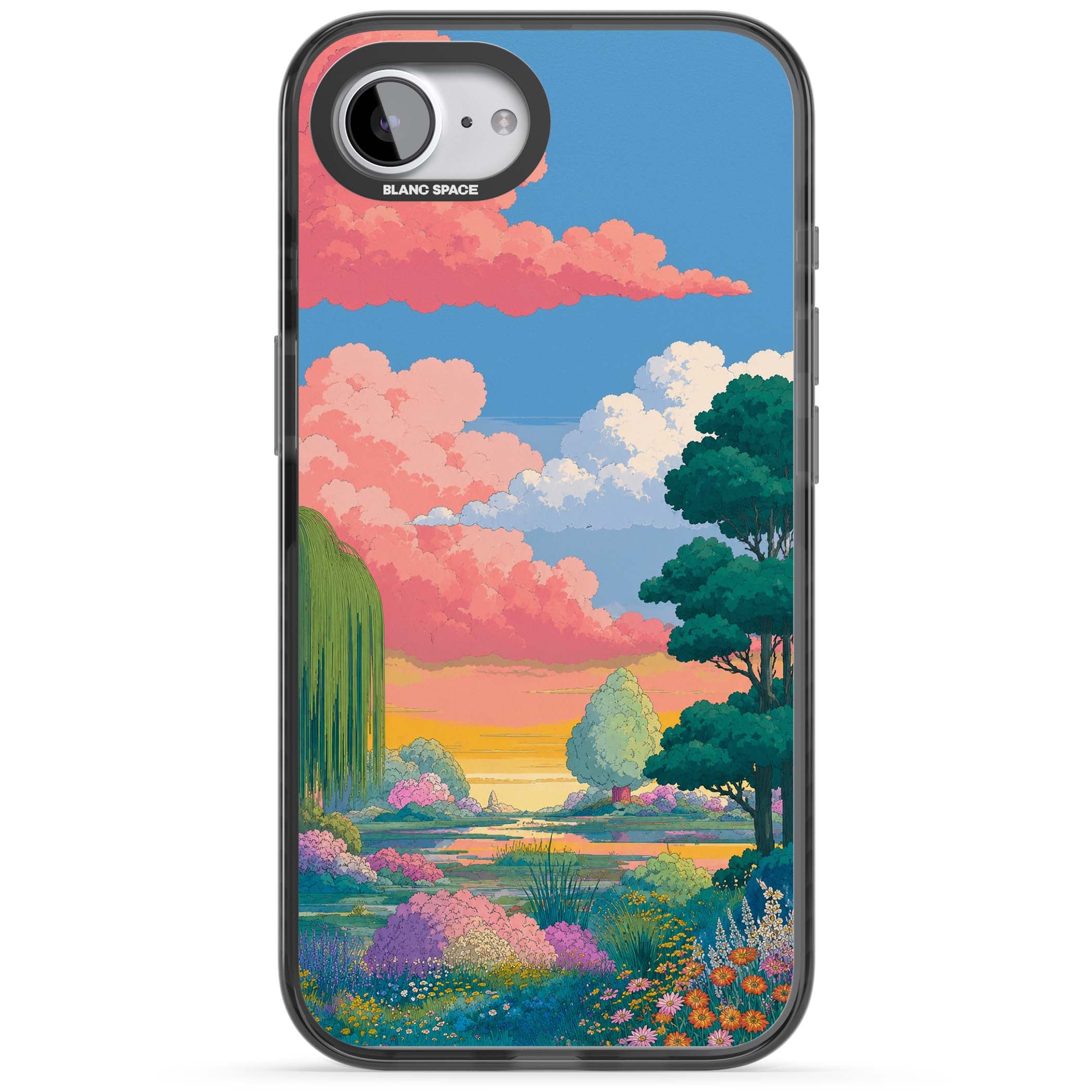 Dream Valley anime landscape iPhone case featuring pink sunset clouds, willow trees and wildflowers | Black Impact Magsafe case for iPhone 16e, iPhone 17e