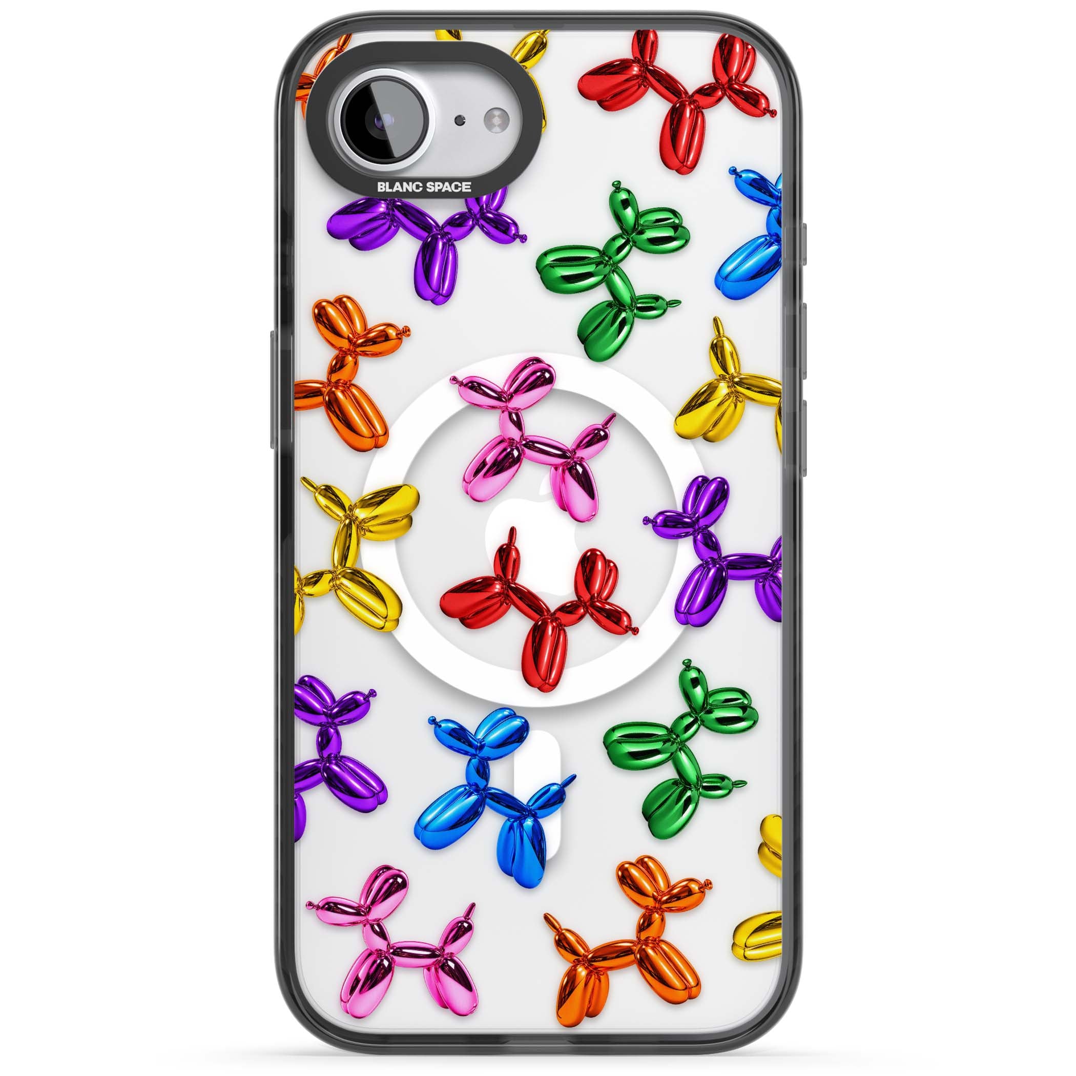 Balloon Dogs pop art iPhone case featuring rainbow chrome balloon dogs in Jeff Koons style | Black Impact Magsafe case for iPhone 16e, iPhone 17e