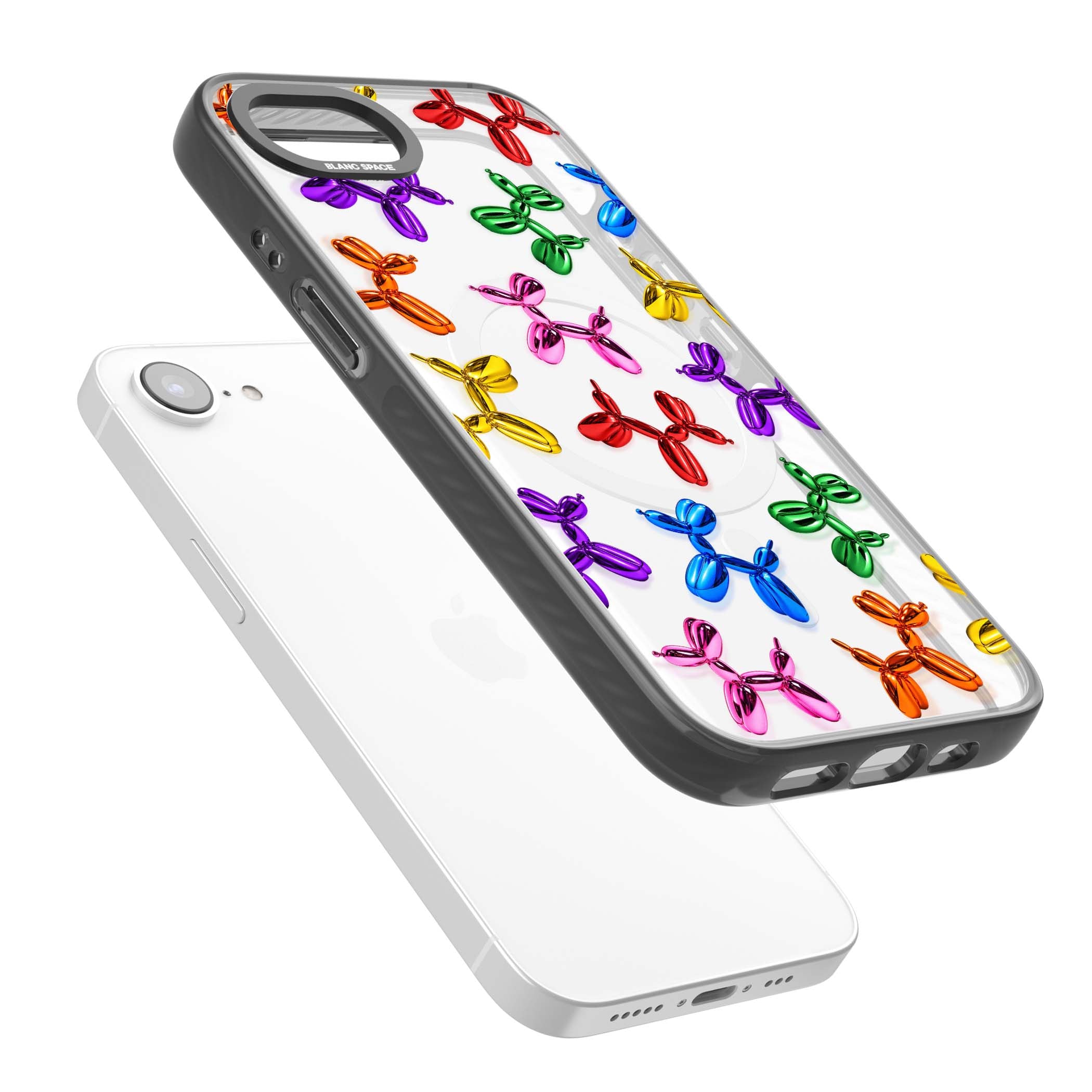 Balloon Dogs pop art iPhone case featuring rainbow chrome balloon dogs in Jeff Koons style | Black Impact Magsafe case for iPhone 16e, iPhone 17e