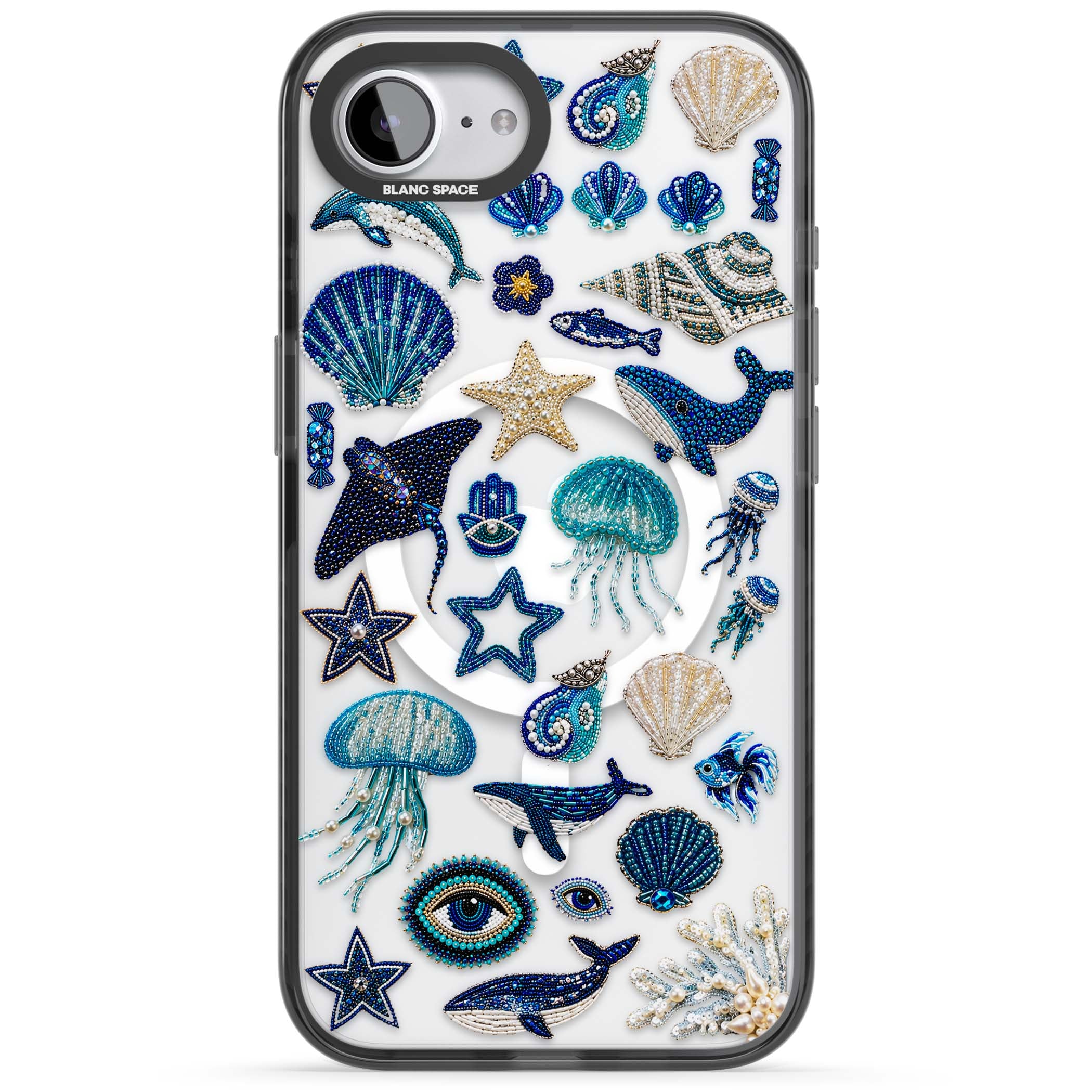 Beaded Coastal coastal iPhone case featuring embroidered seashells, jellyfish and a blue whale on clear | Black Impact Magsafe case for iPhone 16e, iPhone 17e