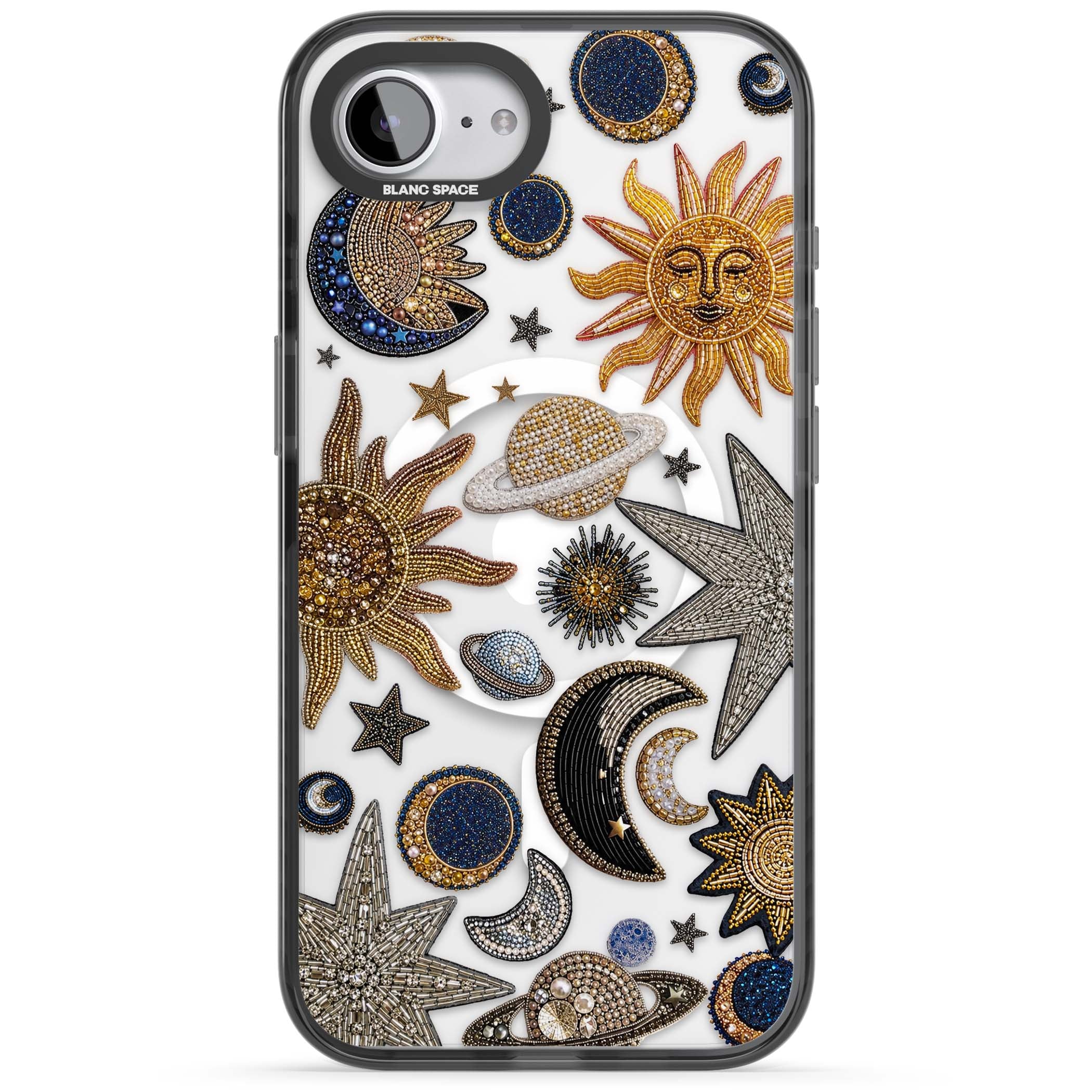 Beaded Cosmos celestial iPhone case featuring embroidered golden suns, beaded planets and silver shooting stars | Black Impact Magsafe case for iPhone 16e, iPhone 17e
