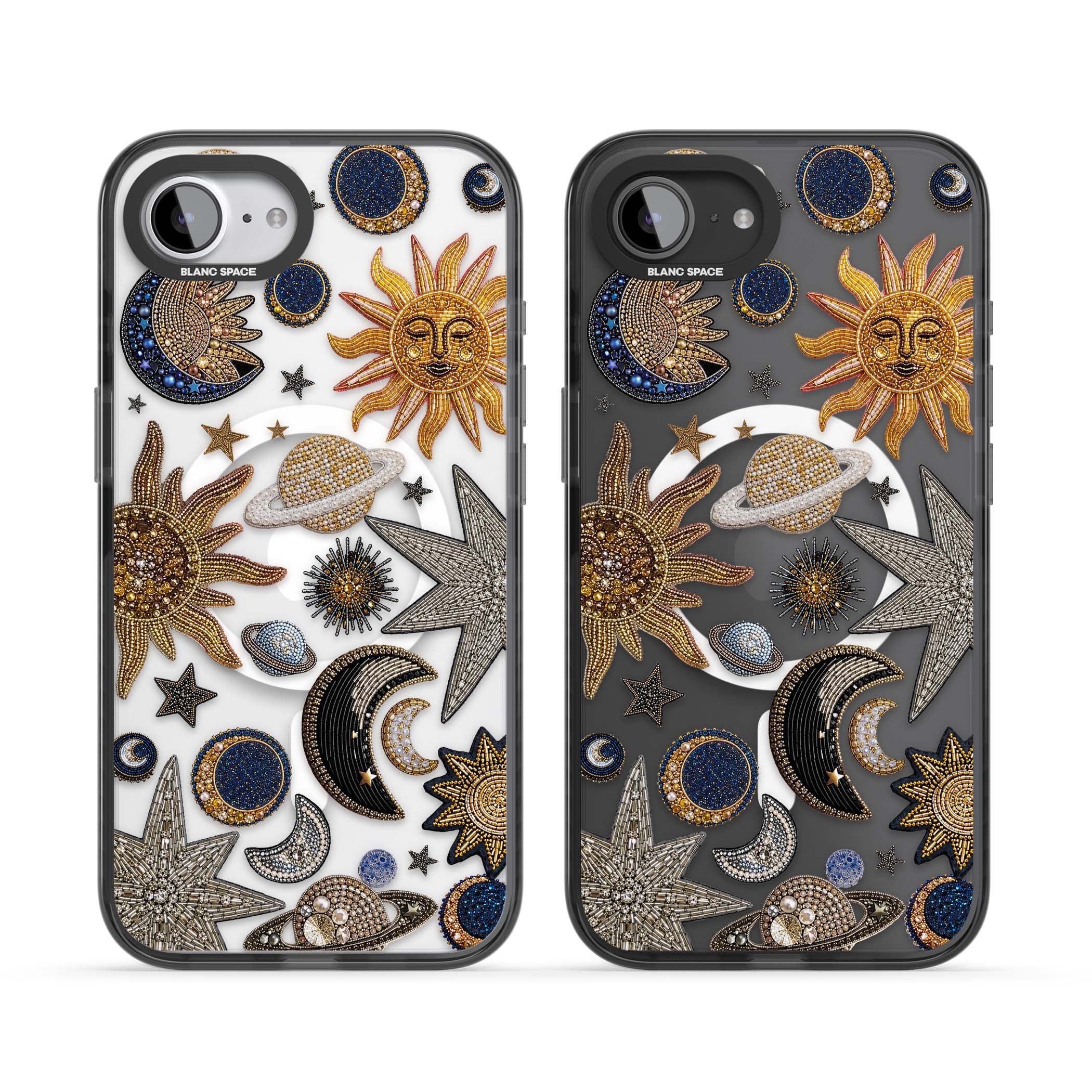 Beaded Cosmos celestial iPhone case featuring embroidered golden suns, beaded planets and silver shooting stars | Black Impact Magsafe case for iPhone 16e, iPhone 17e