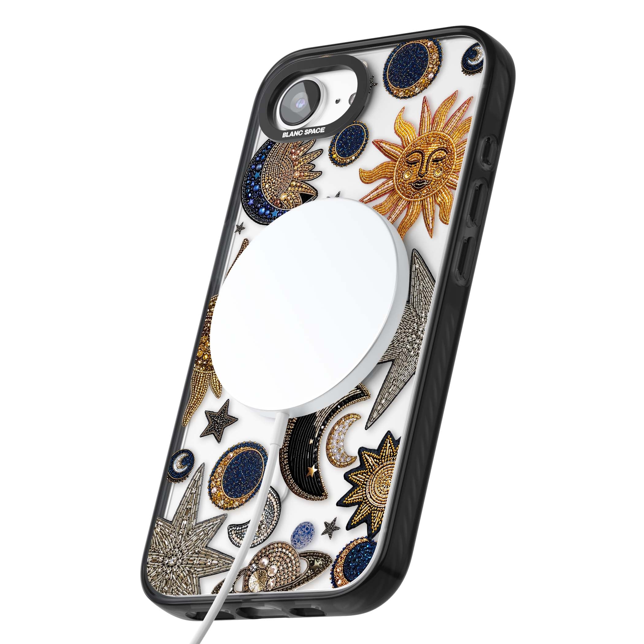 Beaded Cosmos celestial iPhone case featuring embroidered golden suns, beaded planets and silver shooting stars | Black Impact Magsafe case for iPhone 16e, iPhone 17e