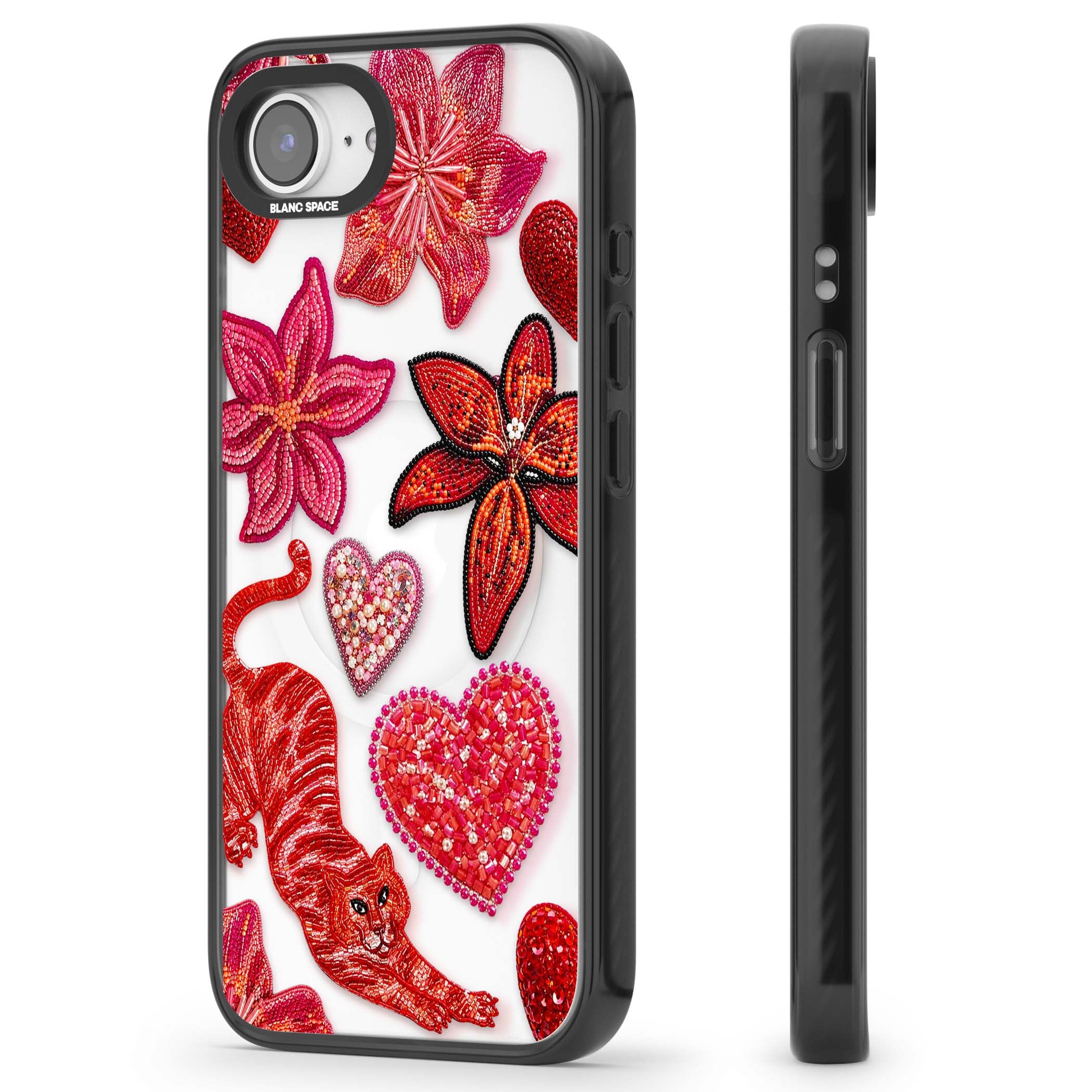 Beaded Boho floral iPhone case featuring beaded red lilies, a stitched tiger, and pearl-encrusted hearts on clear | Black Impact Magsafe case for iPhone 16e, iPhone 17e