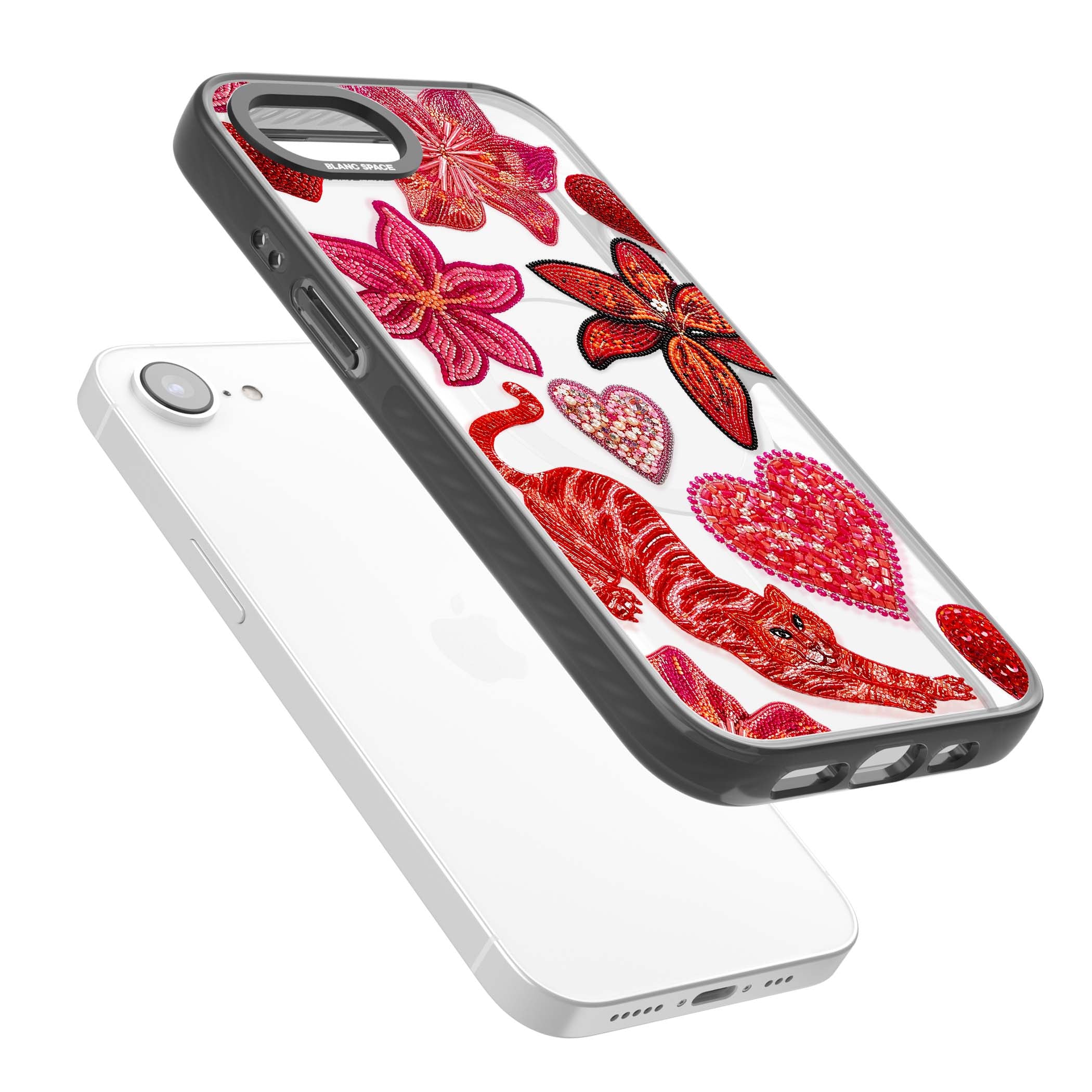 Beaded Boho floral iPhone case featuring beaded red lilies, a stitched tiger, and pearl-encrusted hearts on clear | Black Impact Magsafe case for iPhone 16e, iPhone 17e