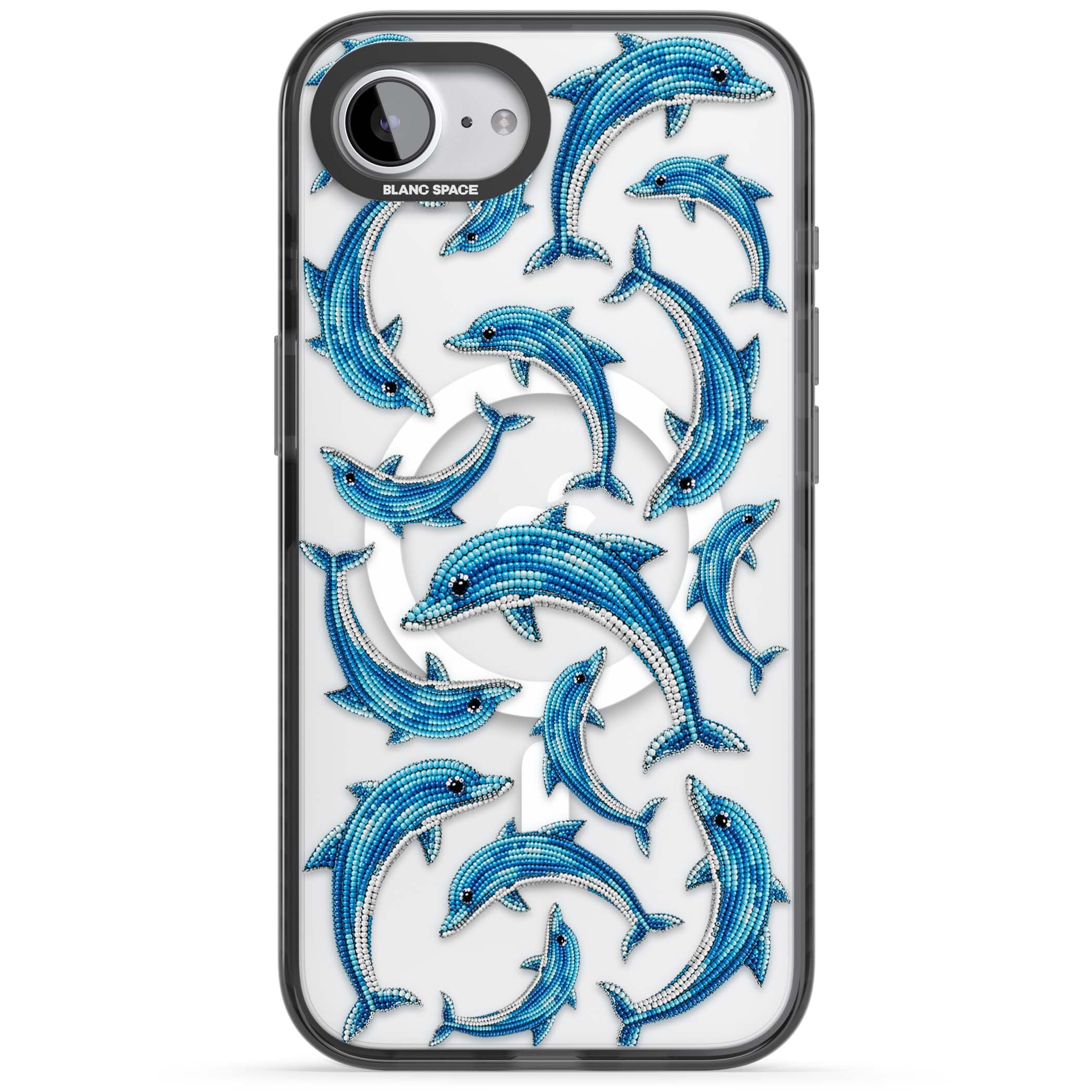 Beaded Dolphins coastal iPhone case featuring beaded dolphins in blue and white swimming across a clear background | Black Impact Magsafe case for iPhone 16e, iPhone 17e