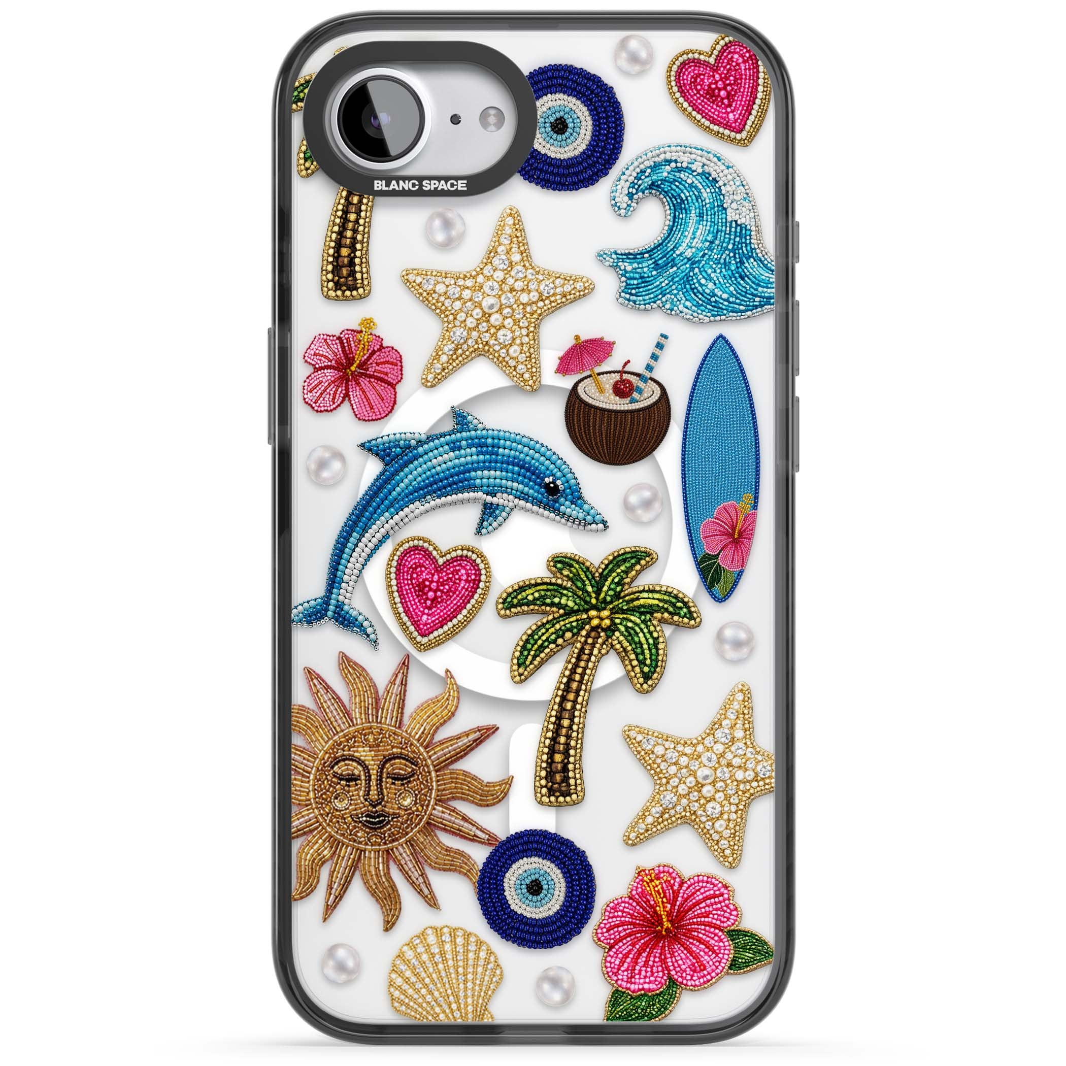 Beaded Beach coastal summer iPhone case featuring embroidered evil eye, hibiscus flowers, dolphin and palm tree patches | Black Impact Magsafe case for iPhone 16e, iPhone 17e